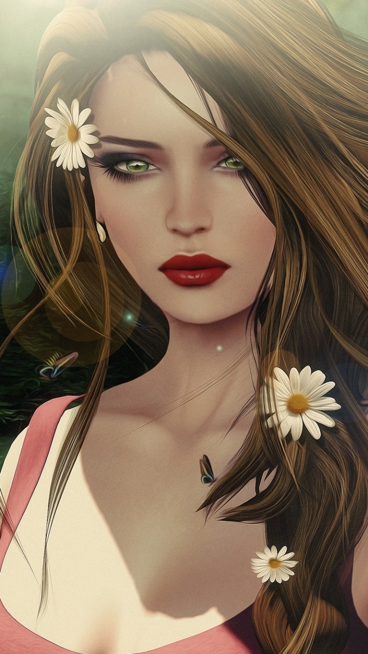 Download mobile wallpaper Fantasy, Flower, Forest, Brunette, Women, Green Eyes for free.