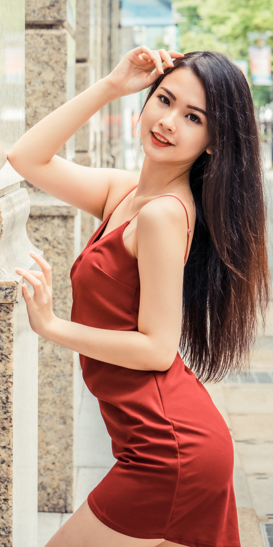 Download mobile wallpaper Brunette, Model, Women, Asian, Long Hair, Red Dress for free.