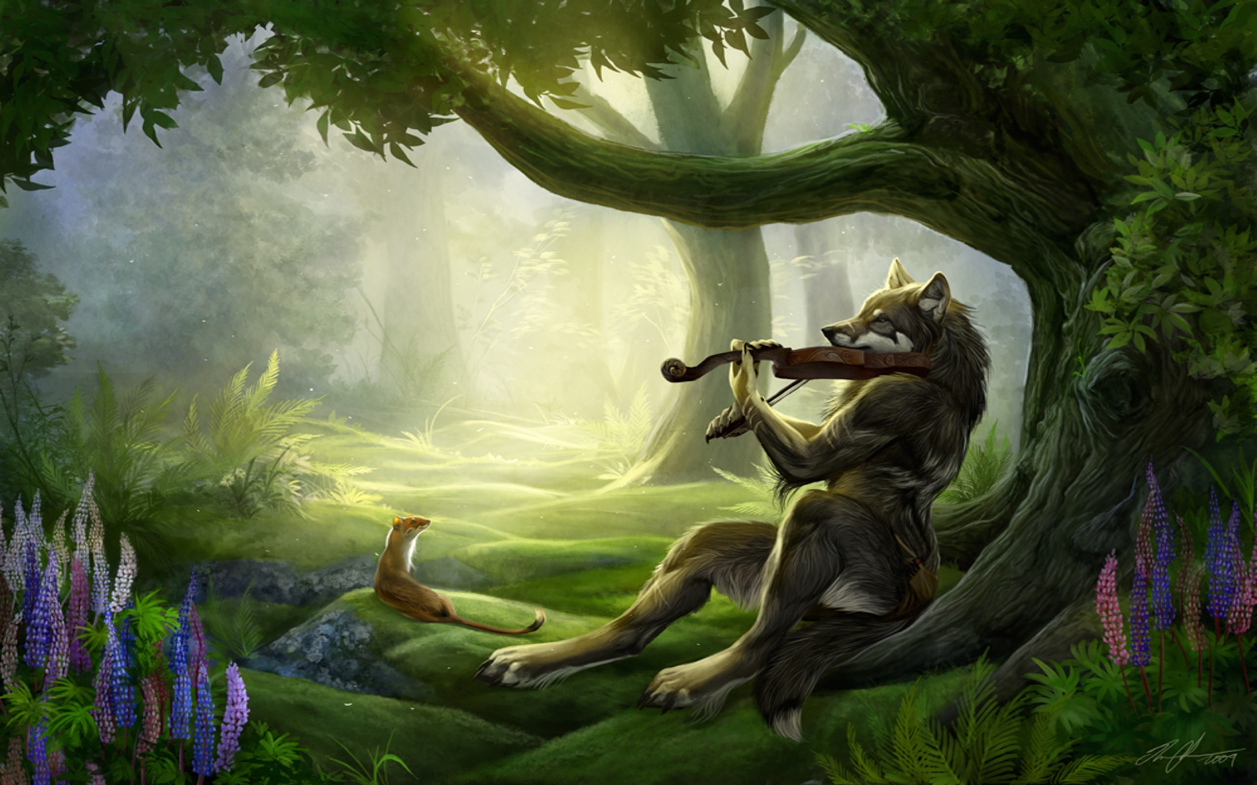 169347 завантажити шпалери вовк, фантазія, ліс, дерево, скрипка, фантазійні тварини - заставки і картинки безкоштовно