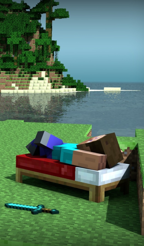 Handy-Wallpaper Minecraft, Insel, Bett, Computerspiele, Steve (Minecraft) kostenlos herunterladen.