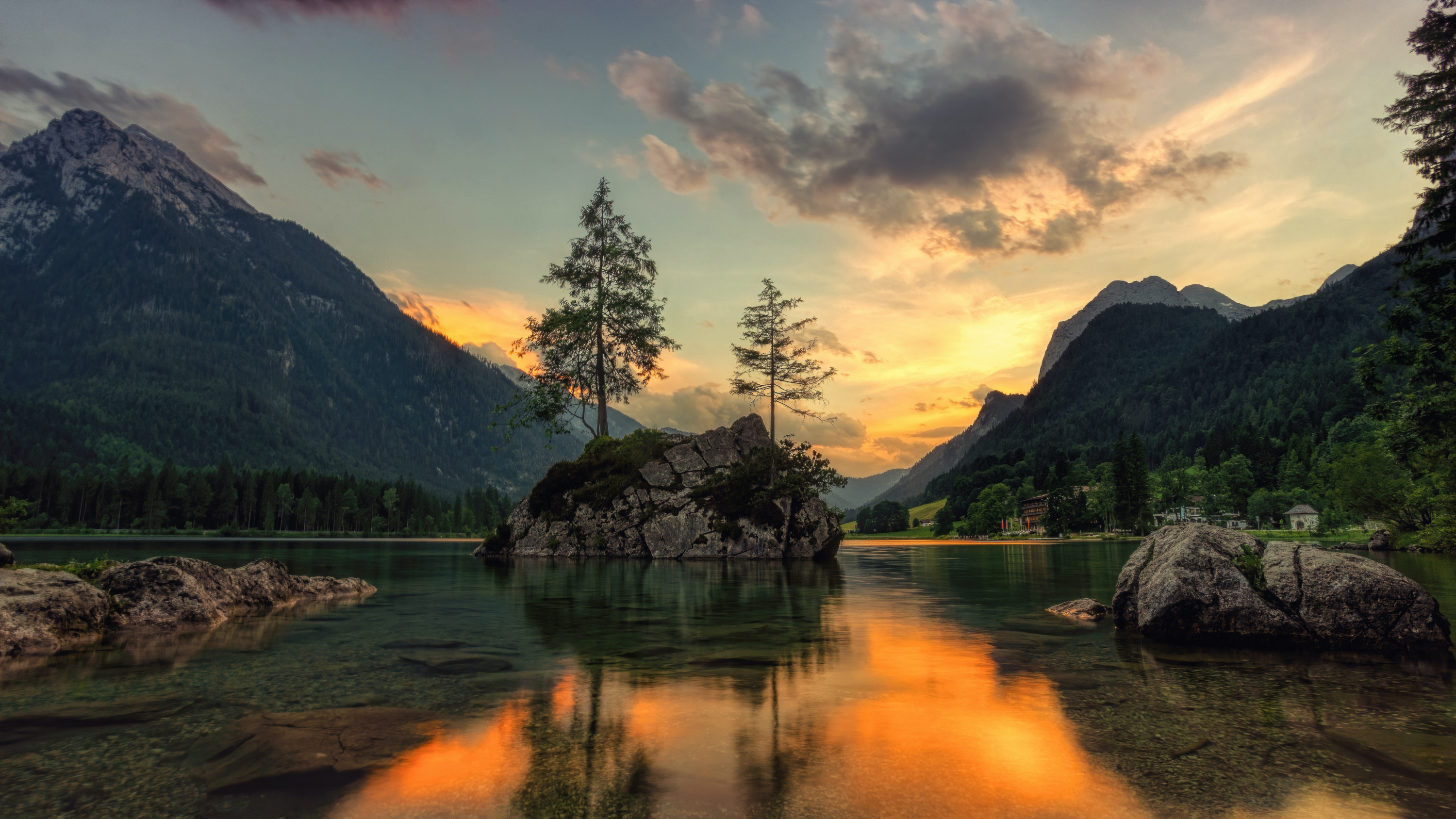 Laden Sie das Seen, See, Wald, Fichte, Gebirge, Deutschland, Sonnenuntergang, Bayern, Erde/natur, Spiegelung-Bild kostenlos auf Ihren PC-Desktop herunter