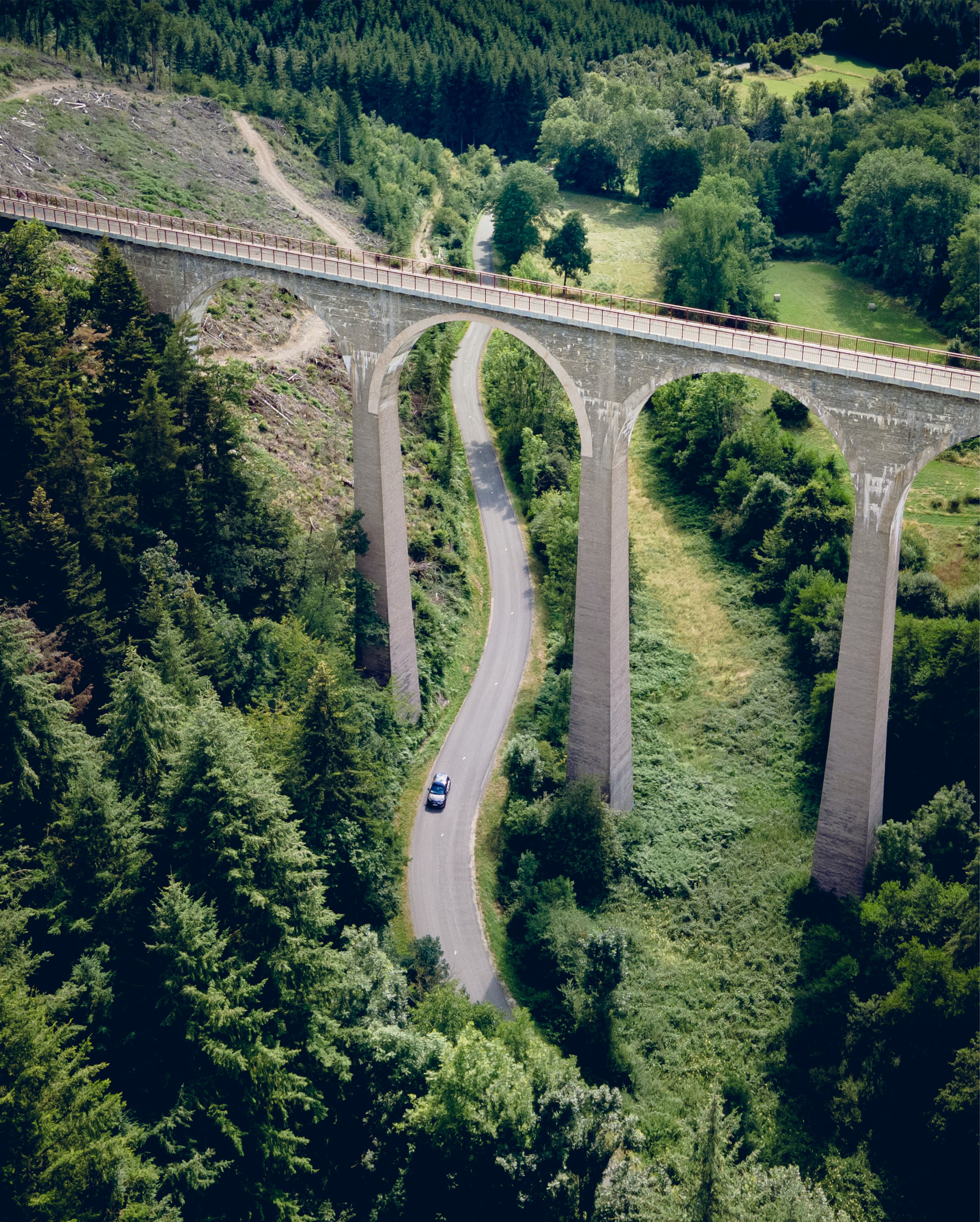 Download mobile wallpaper Road, Machine, Forest, Bridge, Nature, Trees, Car for free.