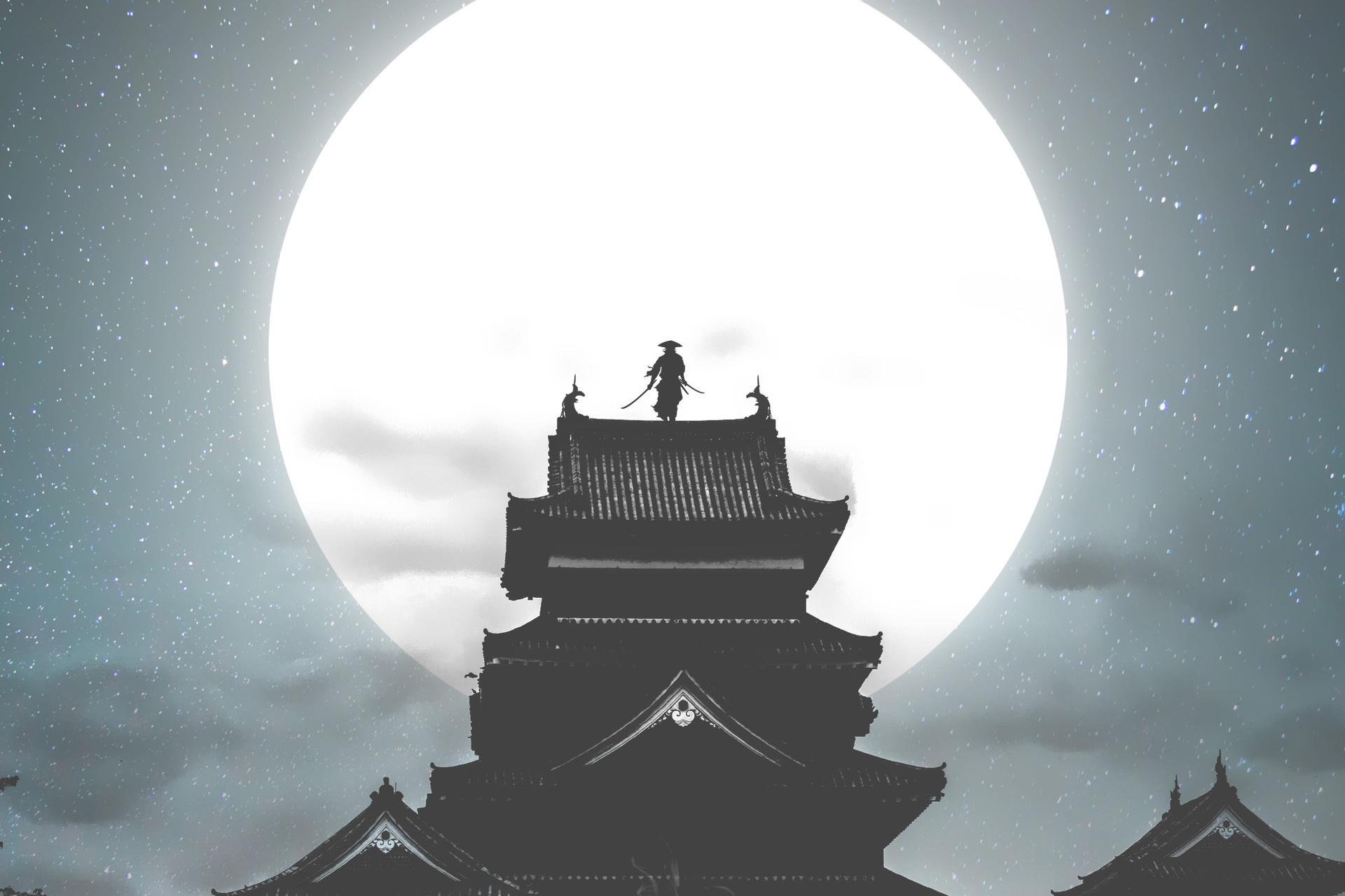 Wallpaper Full HD warrior, samurai, moon, night, fantasy