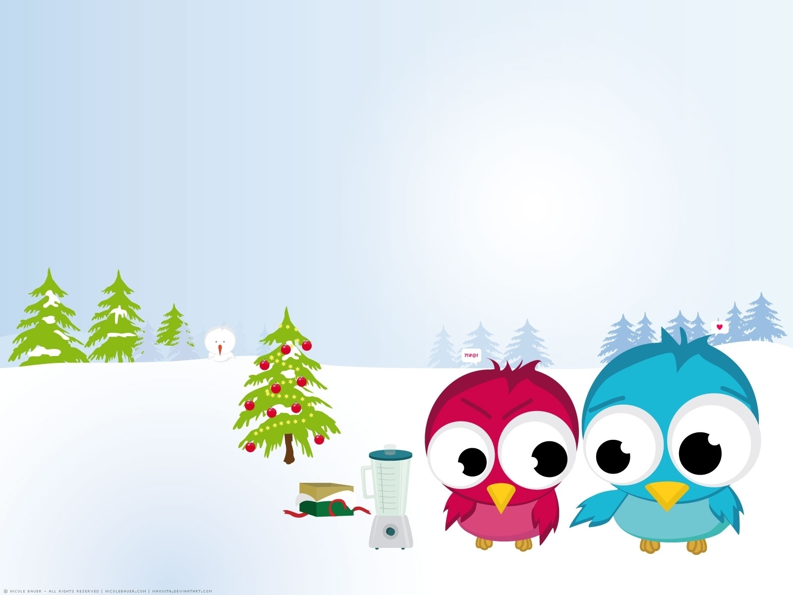 Скачать картинку Юмор, Птицы, Дерево, Рождество, Снеговик, Злой, Подарки в телефон бесплатно.
