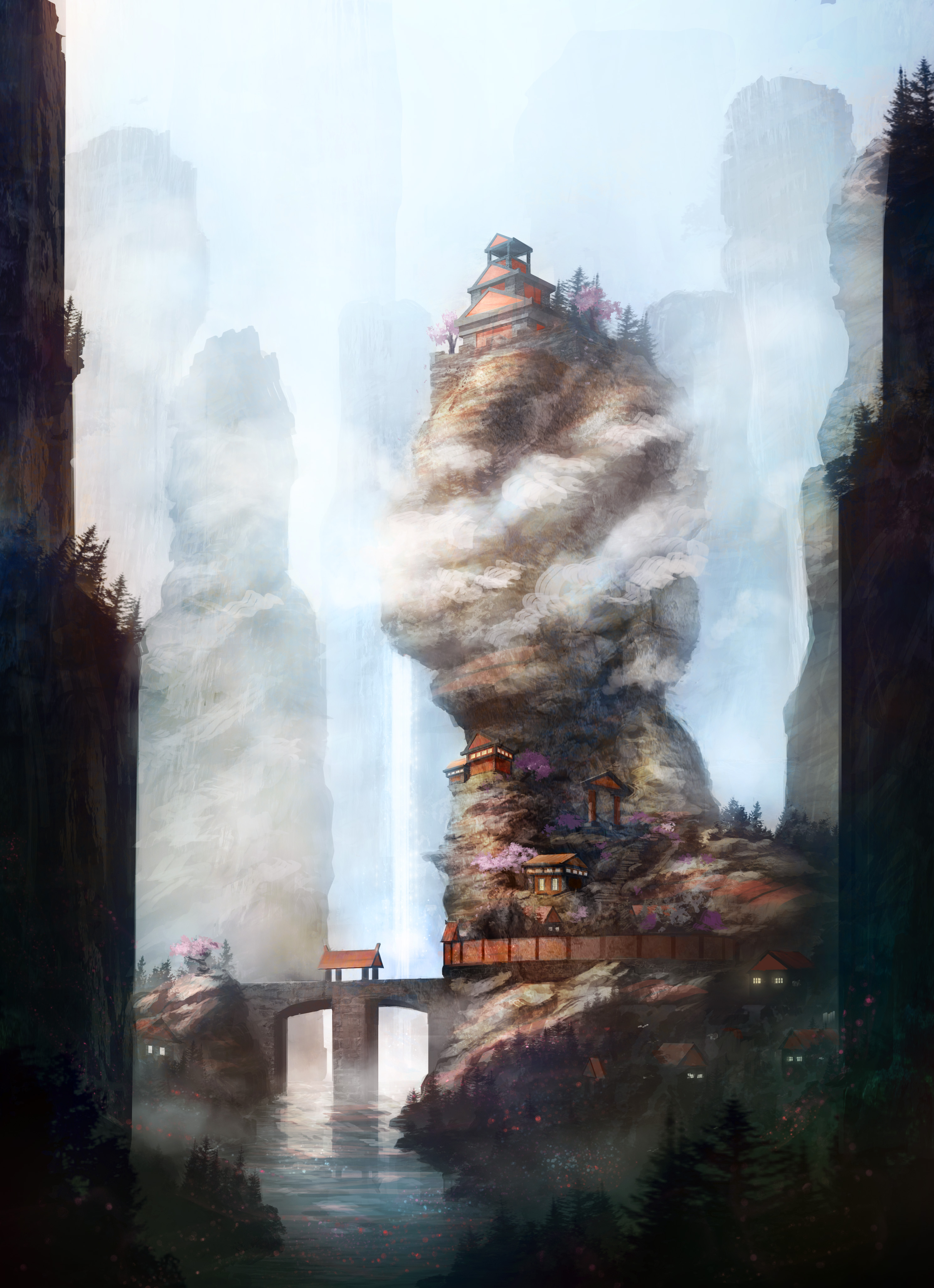 Скачать обои бесплатно Туман, Скалы, Мост, Пагода, Арт картинка на рабочий стол ПК