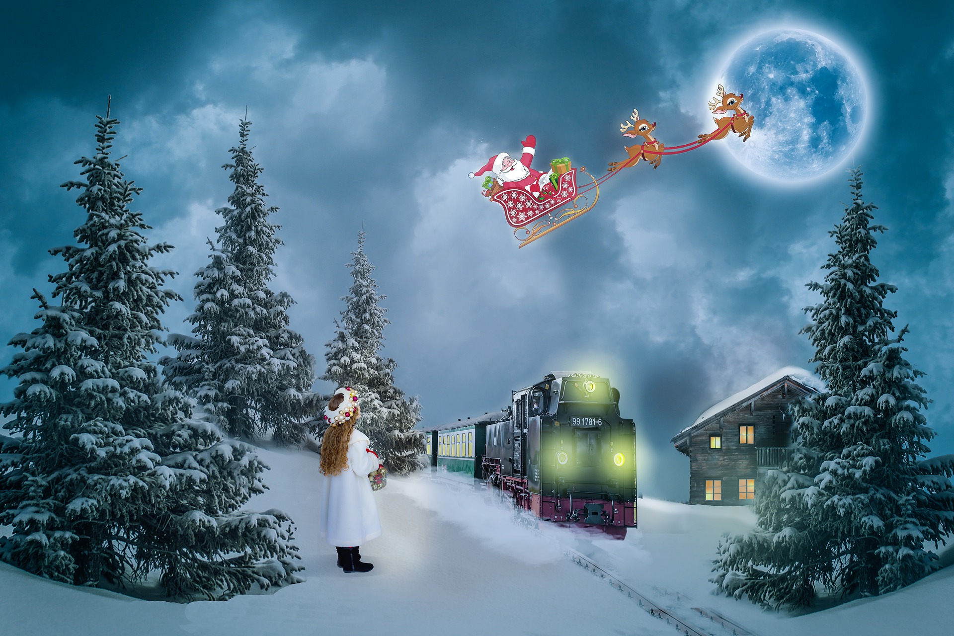Free download wallpaper Winter, Moon, Tree, Christmas, Holiday, Child, Sleigh, Train, Santa, Little Girl on your PC desktop