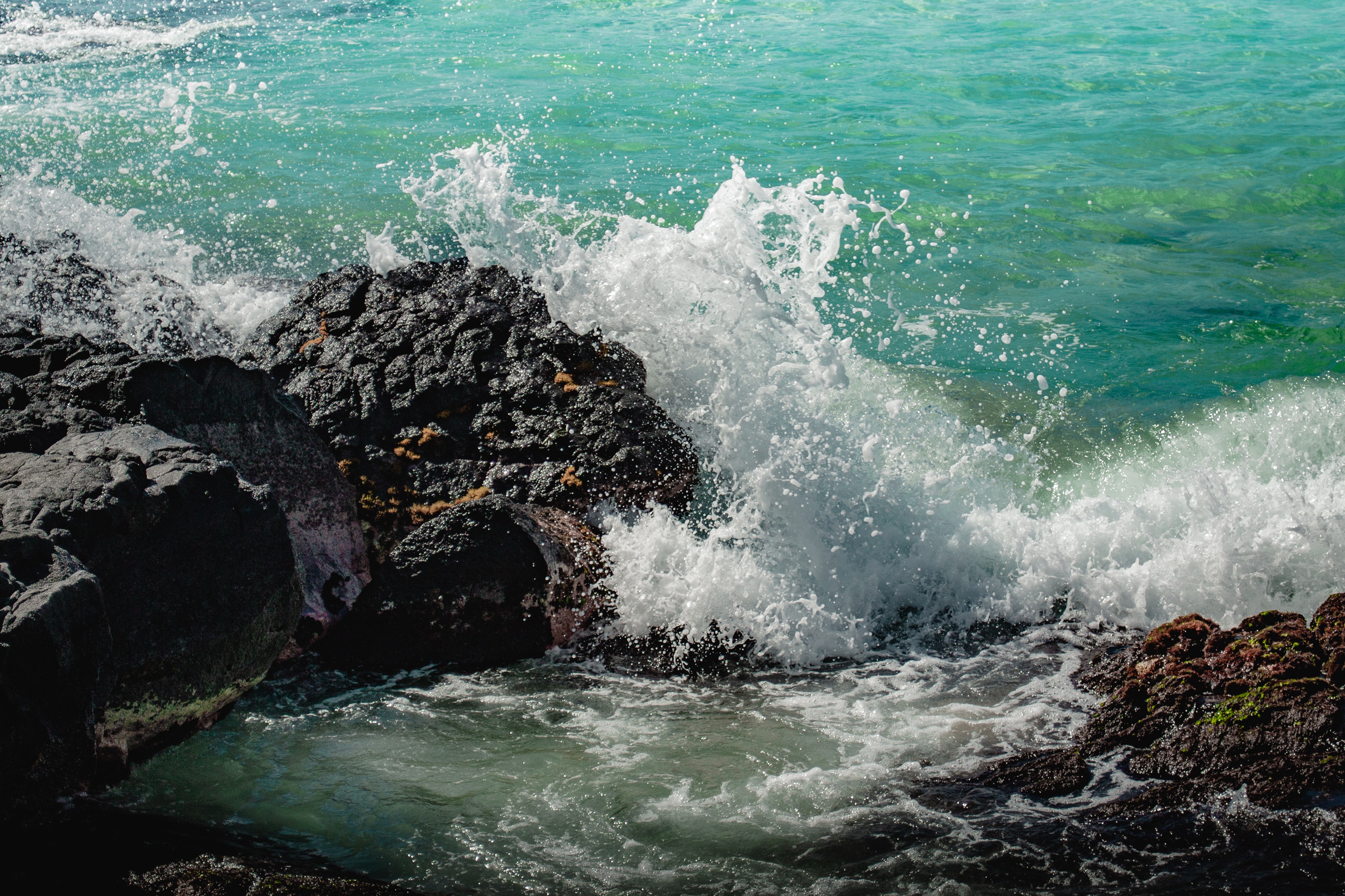 sea, nature, stones, rocks, spray, surf 32K