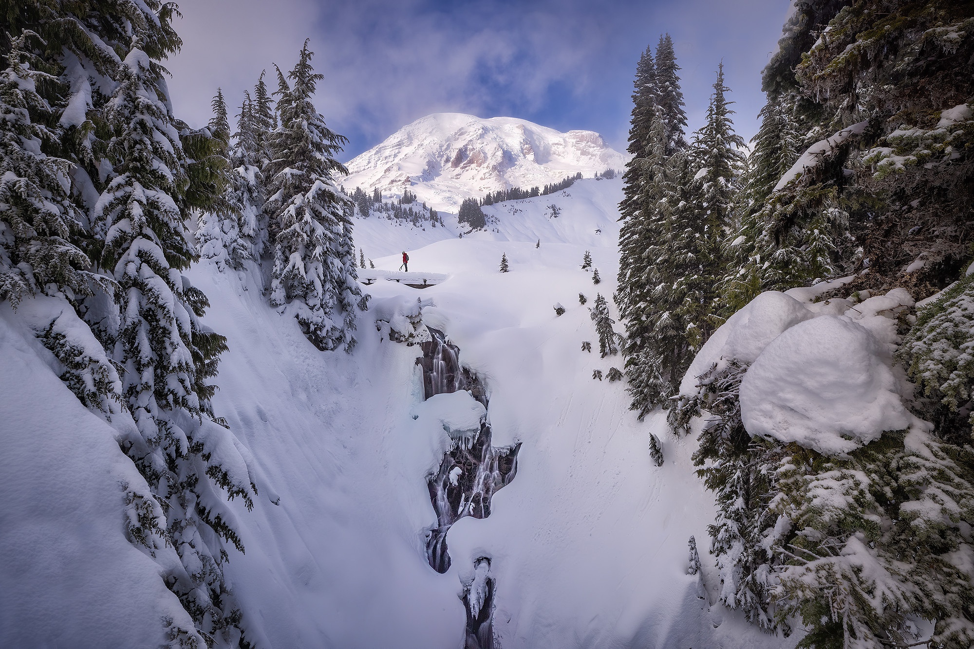 Free download wallpaper Winter, Snow, Usa, Mountain, Waterfall, Forest, Photography, Mount Rainier on your PC desktop