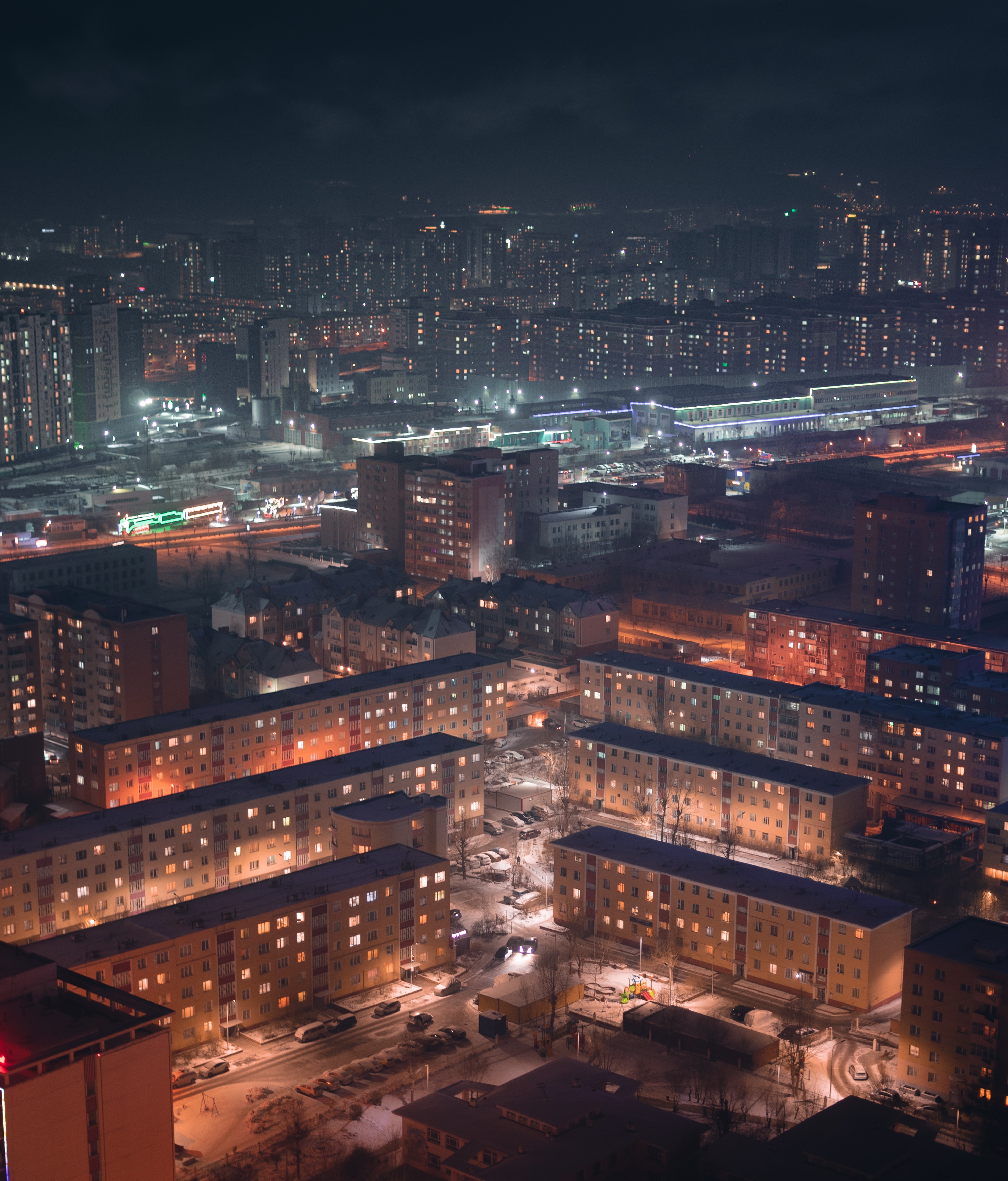 Free download wallpaper Building, Cities, View From Above, Snow, City, Night on your PC desktop