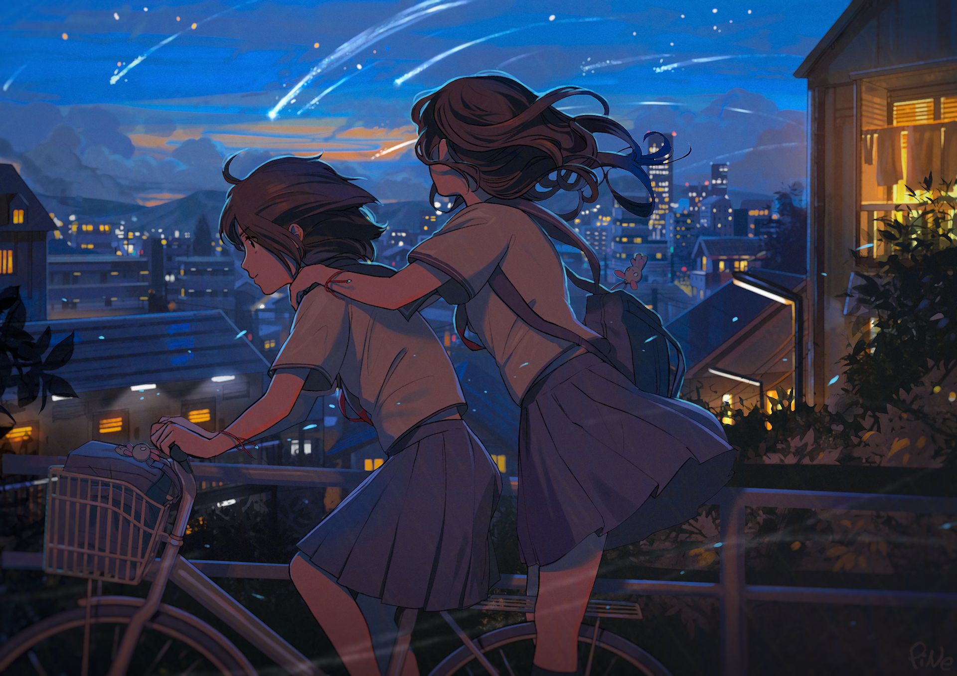 bike, anime, original, city, comet, night
