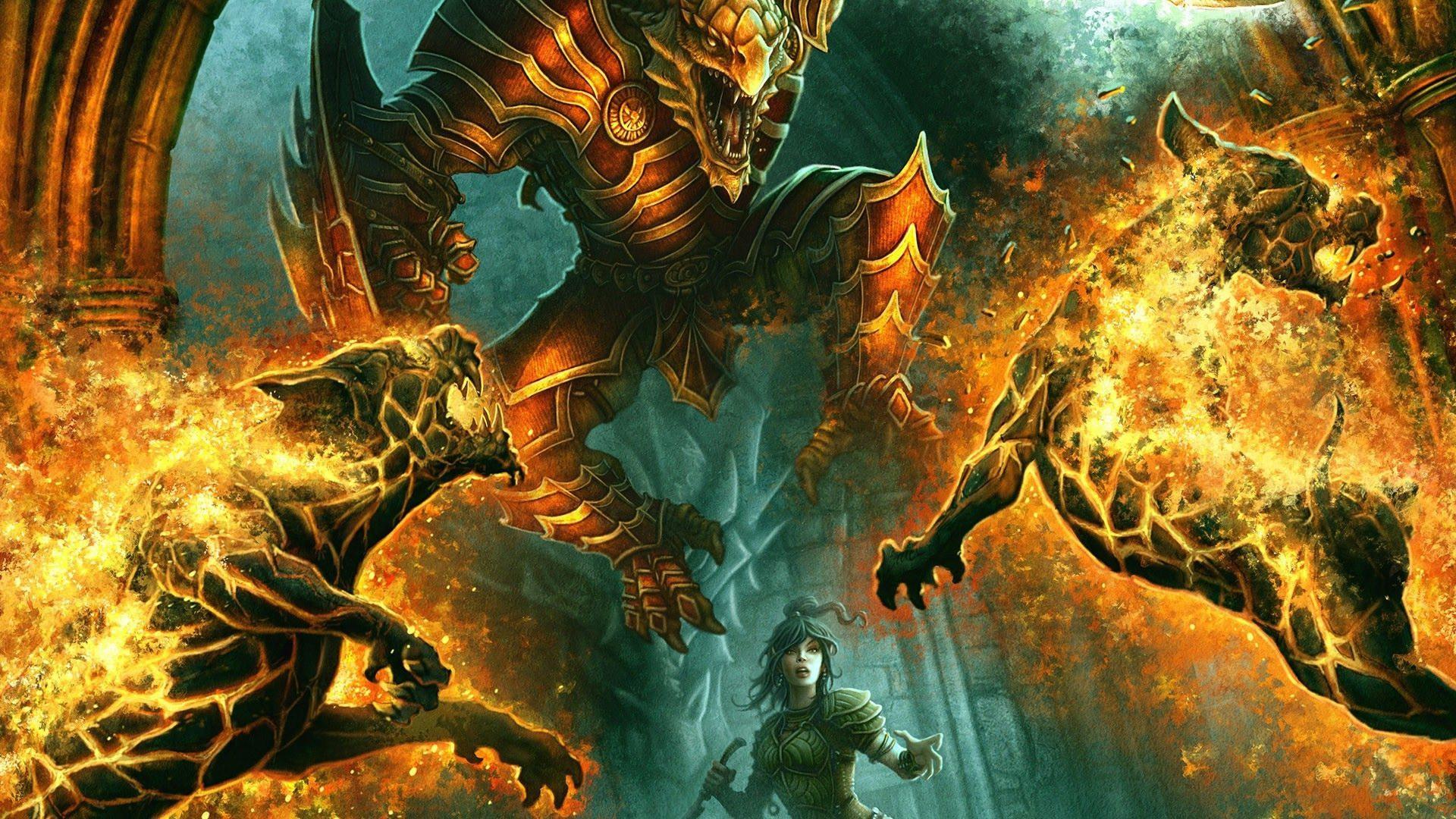 Download mobile wallpaper Fantasy, Fire, Creature, Battle for free.