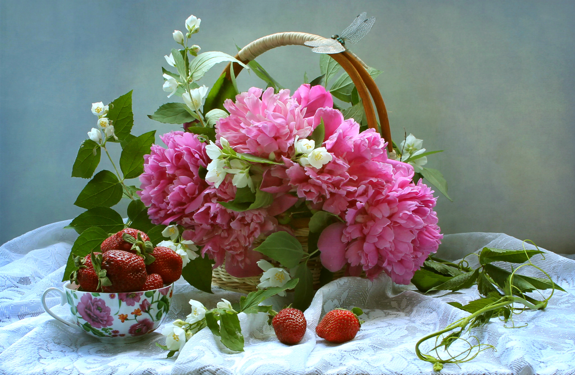 Download mobile wallpaper Strawberry, Still Life, Flower, Fruit, Basket, Photography, Pink Flower for free.