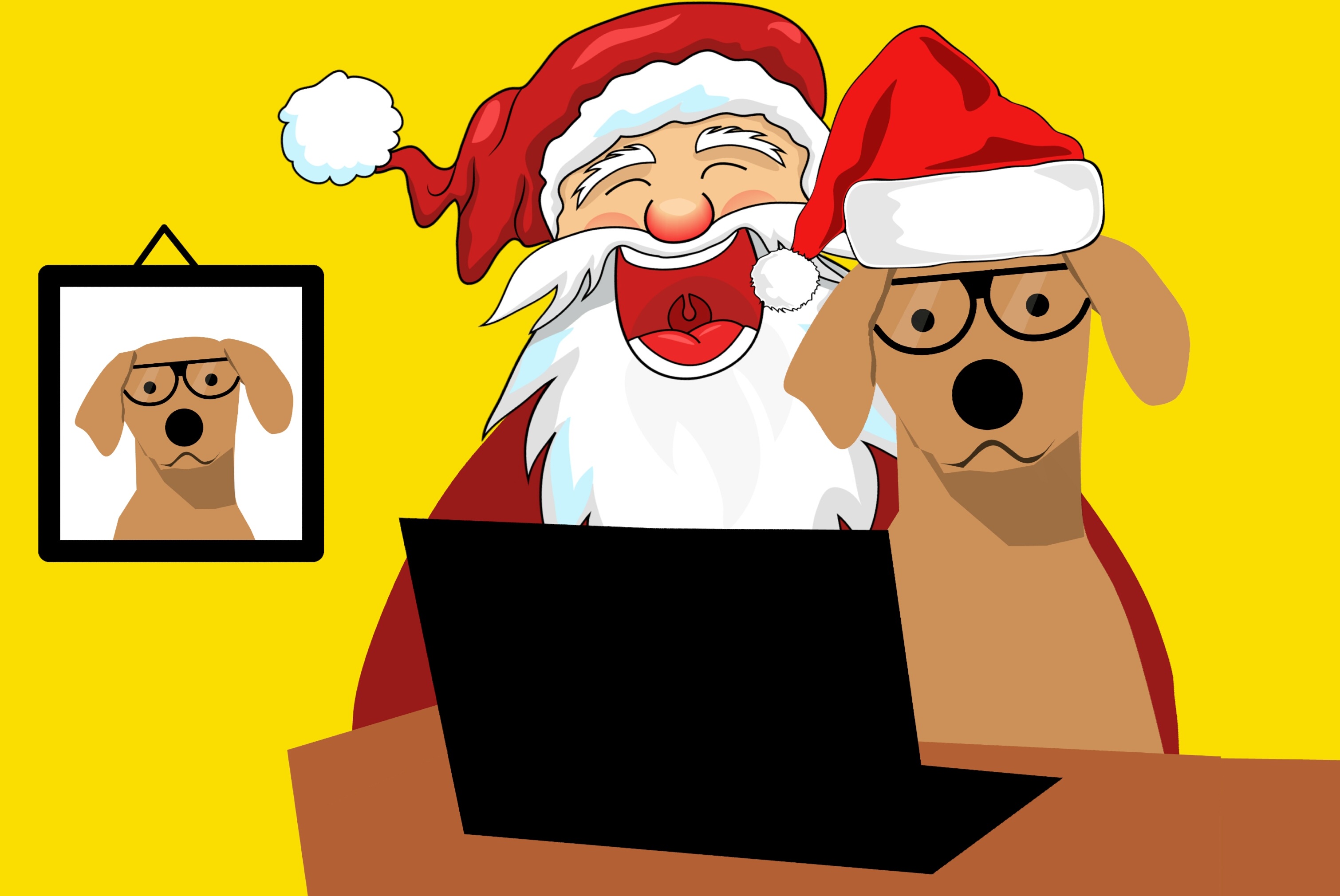 Download mobile wallpaper Dog, Christmas, Holiday, Glasses, Laptop, Santa, Humor for free.