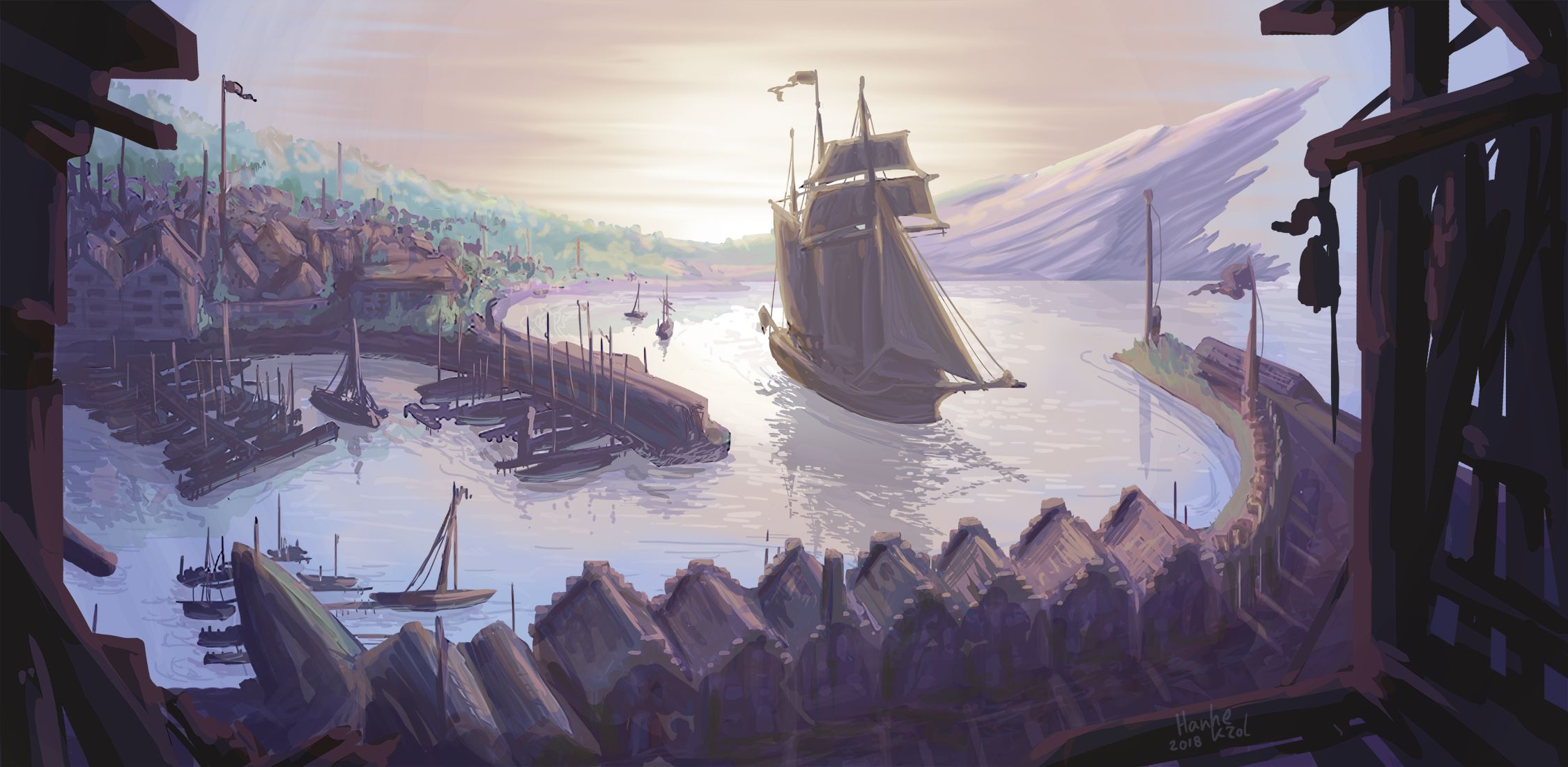 Free download wallpaper Fantasy, Ship, Harbor, Town on your PC desktop