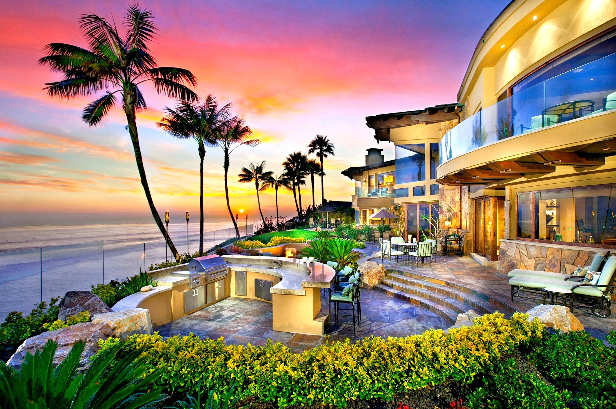 Download mobile wallpaper Sunset, Horizon, Ocean, Tropical, Resort, Man Made, Palm Tree for free.