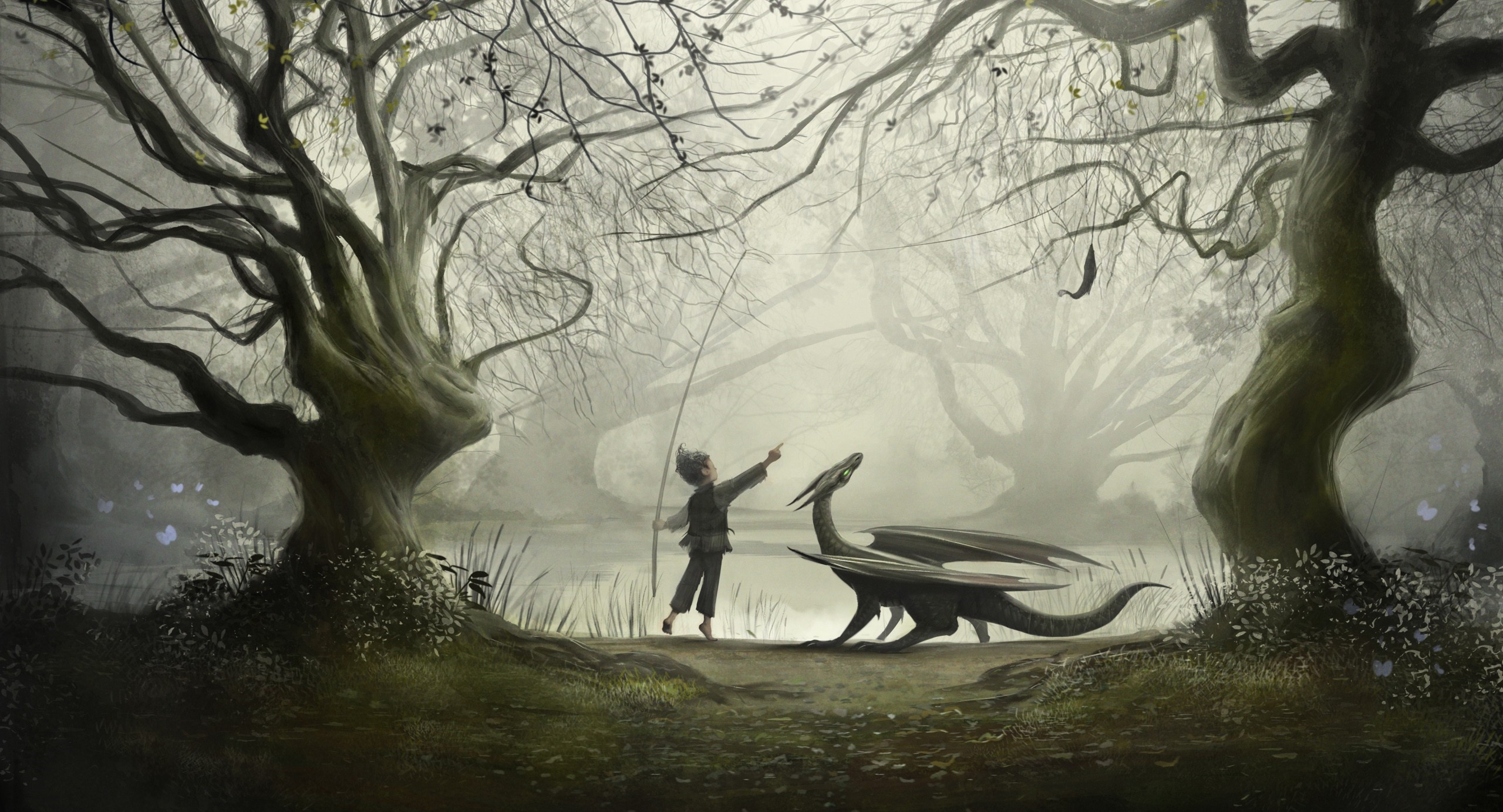 Download mobile wallpaper Fantasy, Forest, Dragon, Fishing for free.