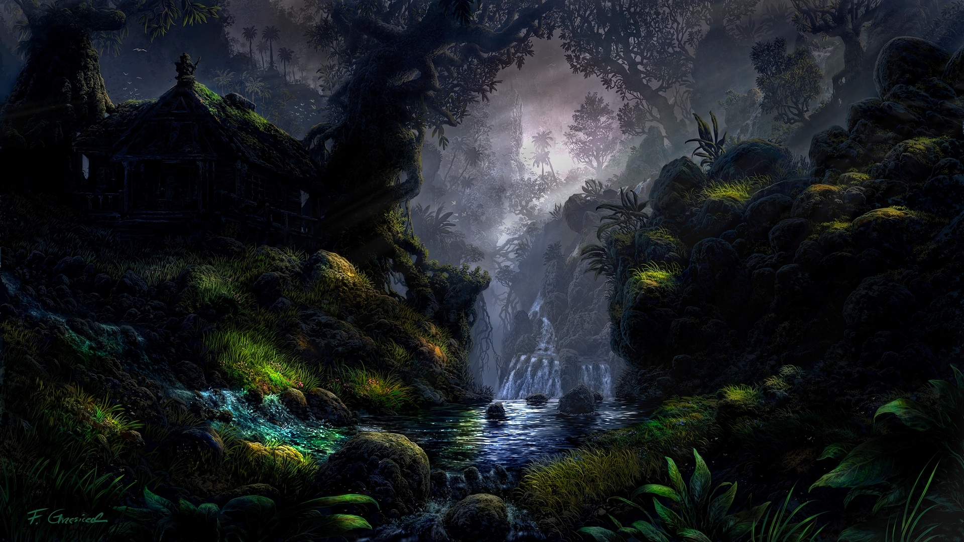 Laden Sie das Fantasie, Wasserfall, Wald, Dschungel, Künstlerisch-Bild kostenlos auf Ihren PC-Desktop herunter