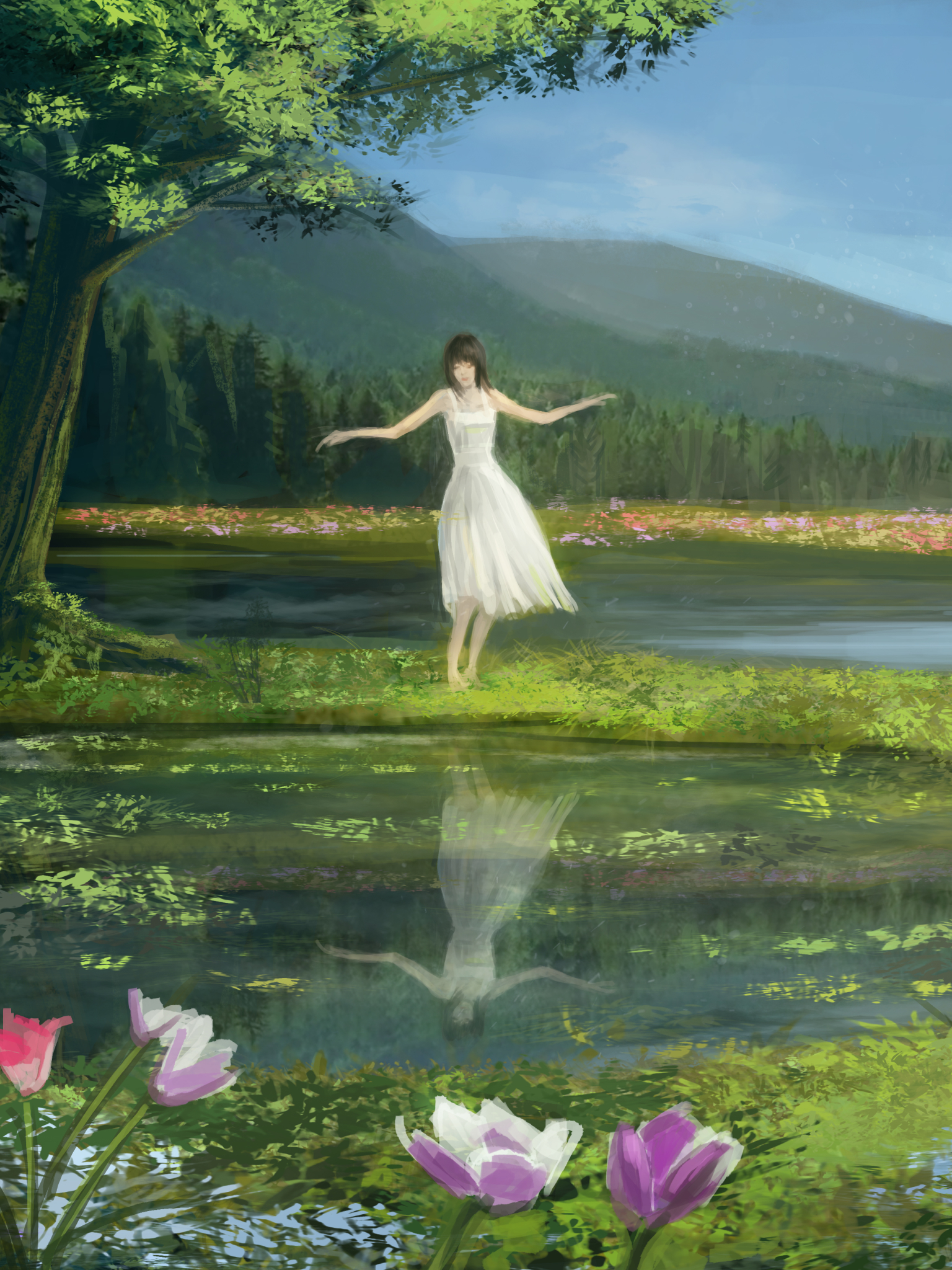 Download mobile wallpaper Nature, Fantasy, Reflection, Flower, Tree, Women, White Dress for free.