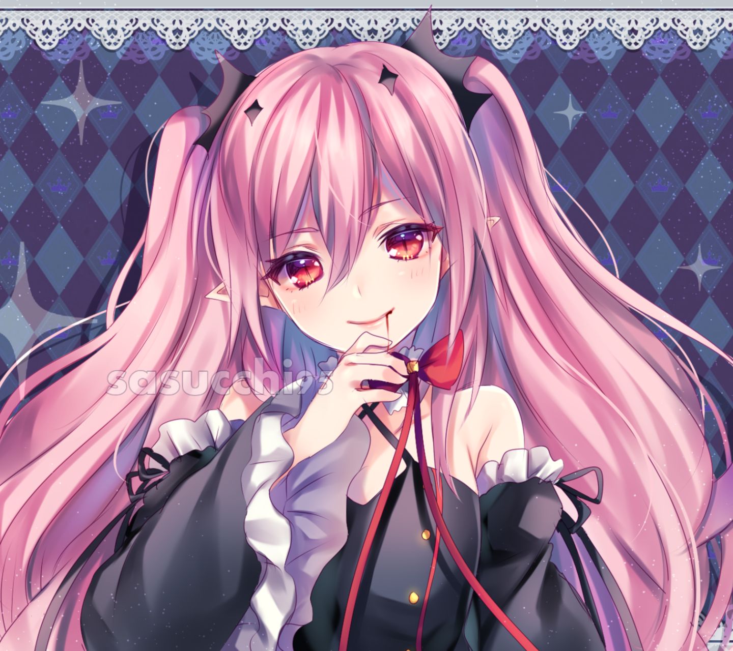 anime, seraph of the end, pink hair, red eyes, krul tepes