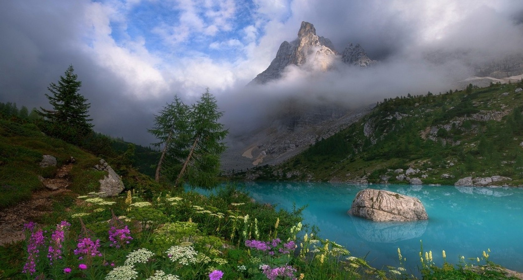 Free download wallpaper Landscape, Mountain, Lake, Flower, Fog, Earth, Spring on your PC desktop