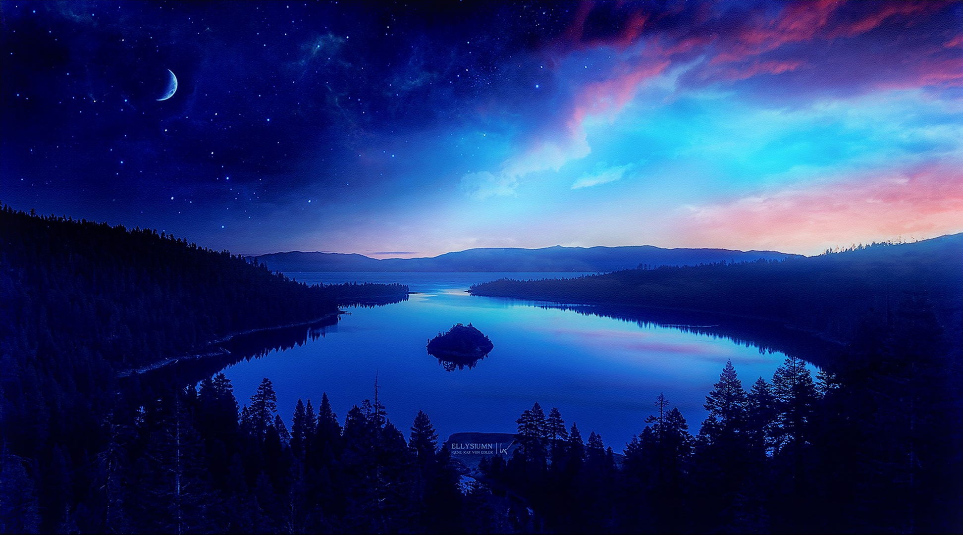Laden Sie das Winter, See, Baum, Lila, Nacht, Himmel, Künstlerisch, Sternenklarer Himmel-Bild kostenlos auf Ihren PC-Desktop herunter