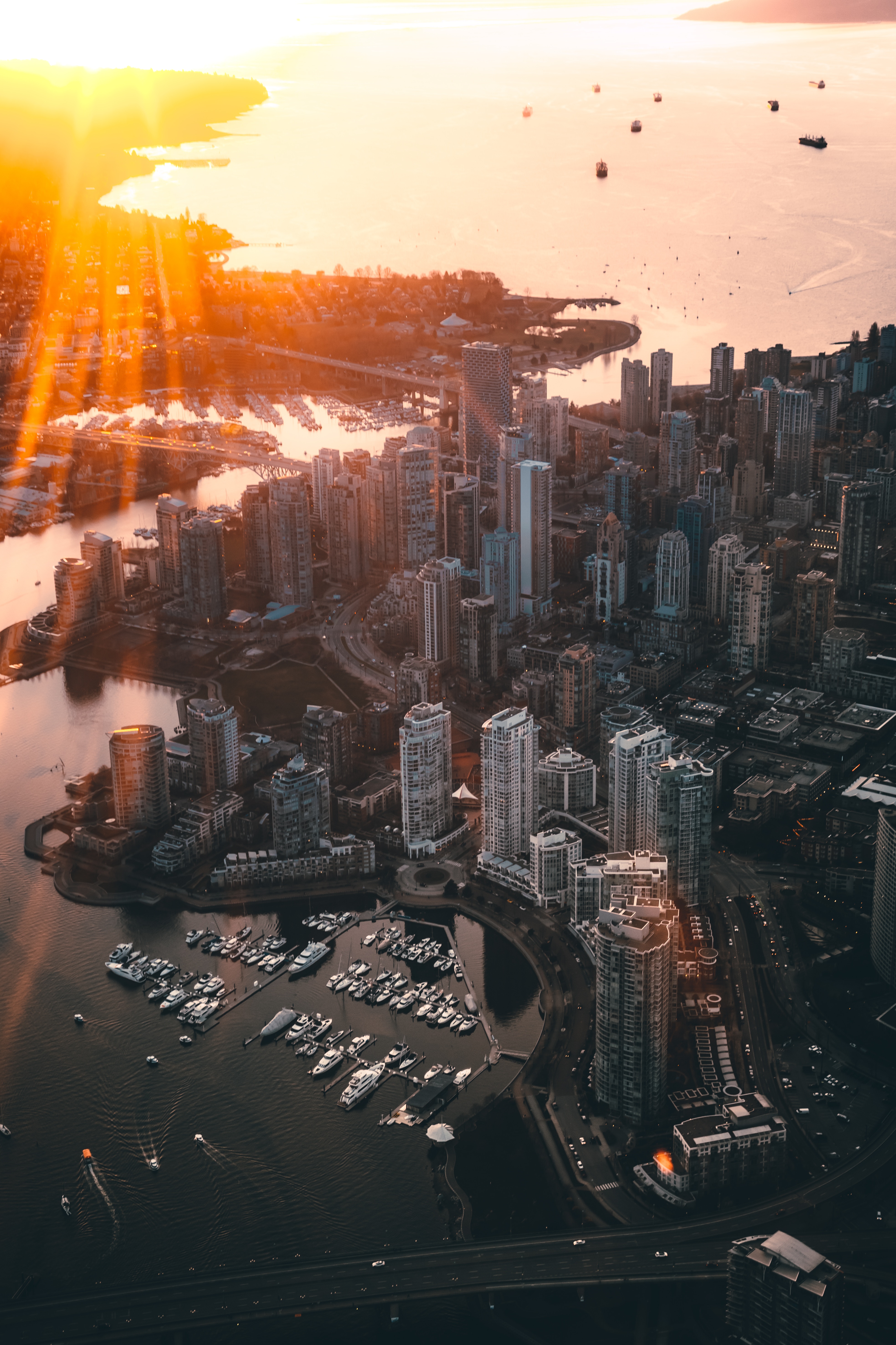 canada, vancouver, cities, architecture, city, view from above, beams, rays, sunlight