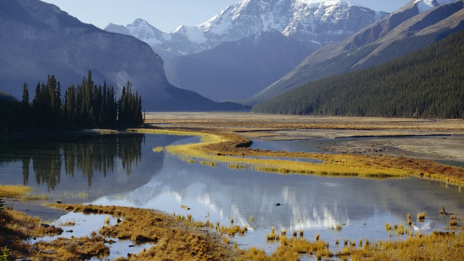 1451916 скачать картинку земля/природа, гора, альберта, канада, национальный парк джаспер, маунт китченер, река - обои и заставки бесплатно