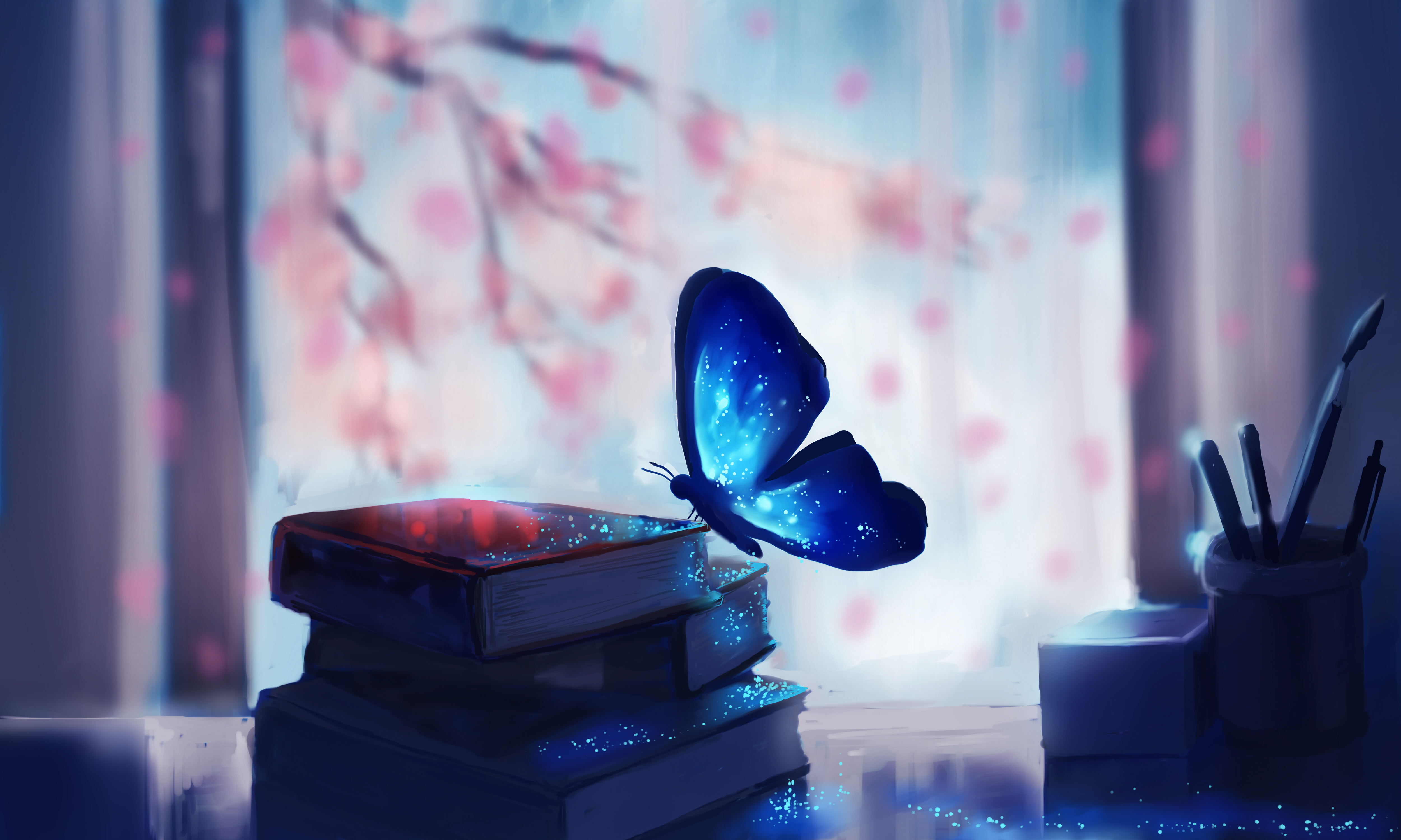 butterfly, book, shadow, fantasy, artistic, blossom, glitter