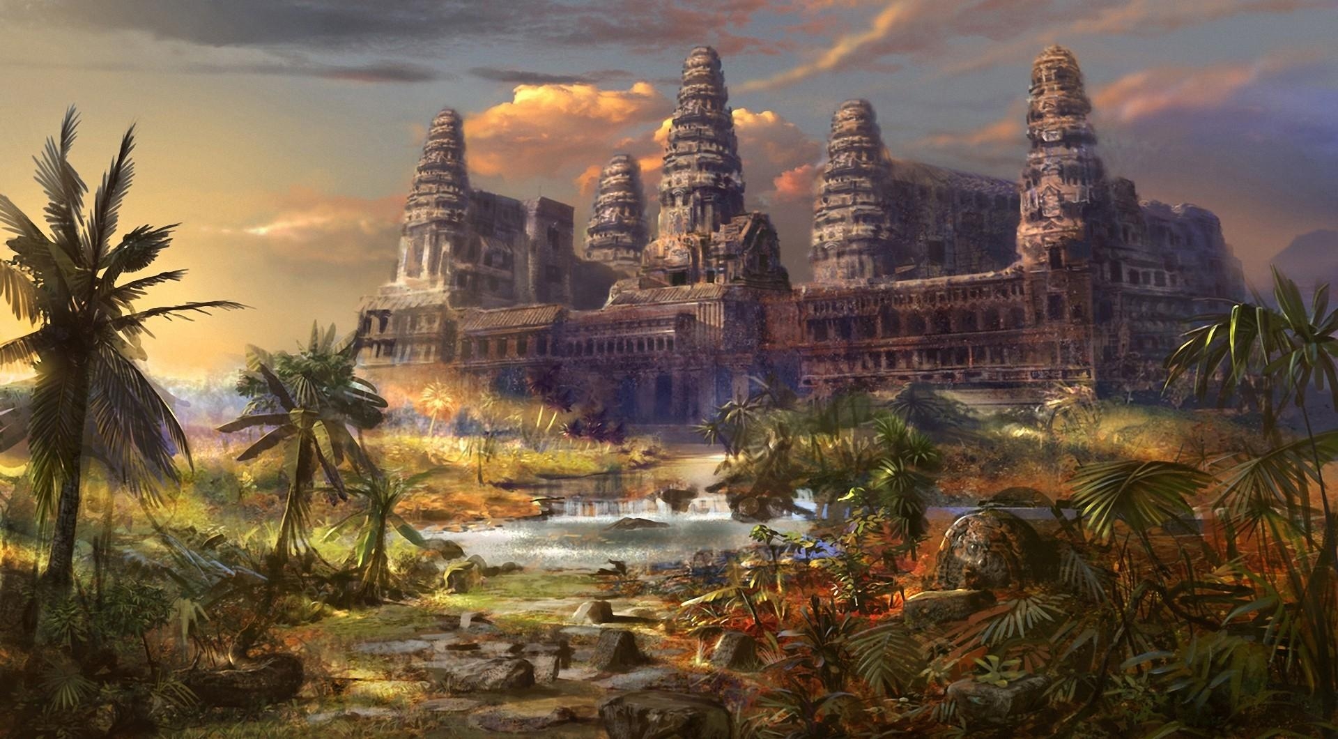 fantasy, another world, palms, temple, destruction, different world 1080p