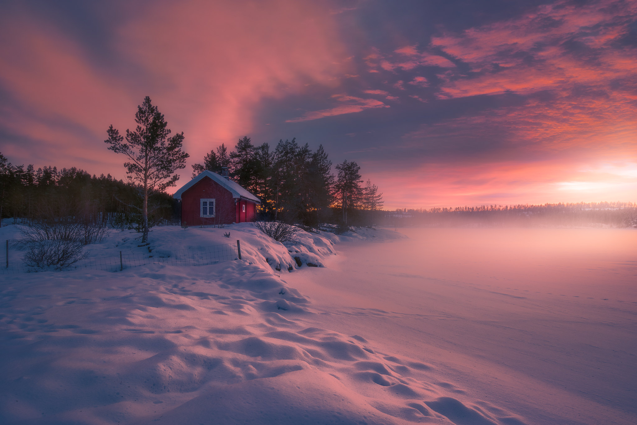 Download mobile wallpaper Winter, Snow, Lake, Cabin, Man Made for free.