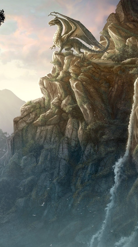 Download mobile wallpaper Fantasy, Mountain, Waterfall, Tree, Troll, Dragon for free.