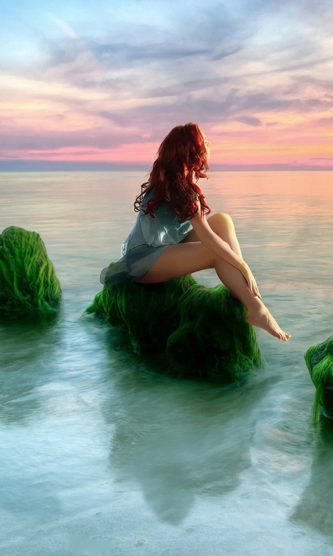 Download mobile wallpaper Sunset, Ocean, Redhead, Moss, Mood, Women for free.