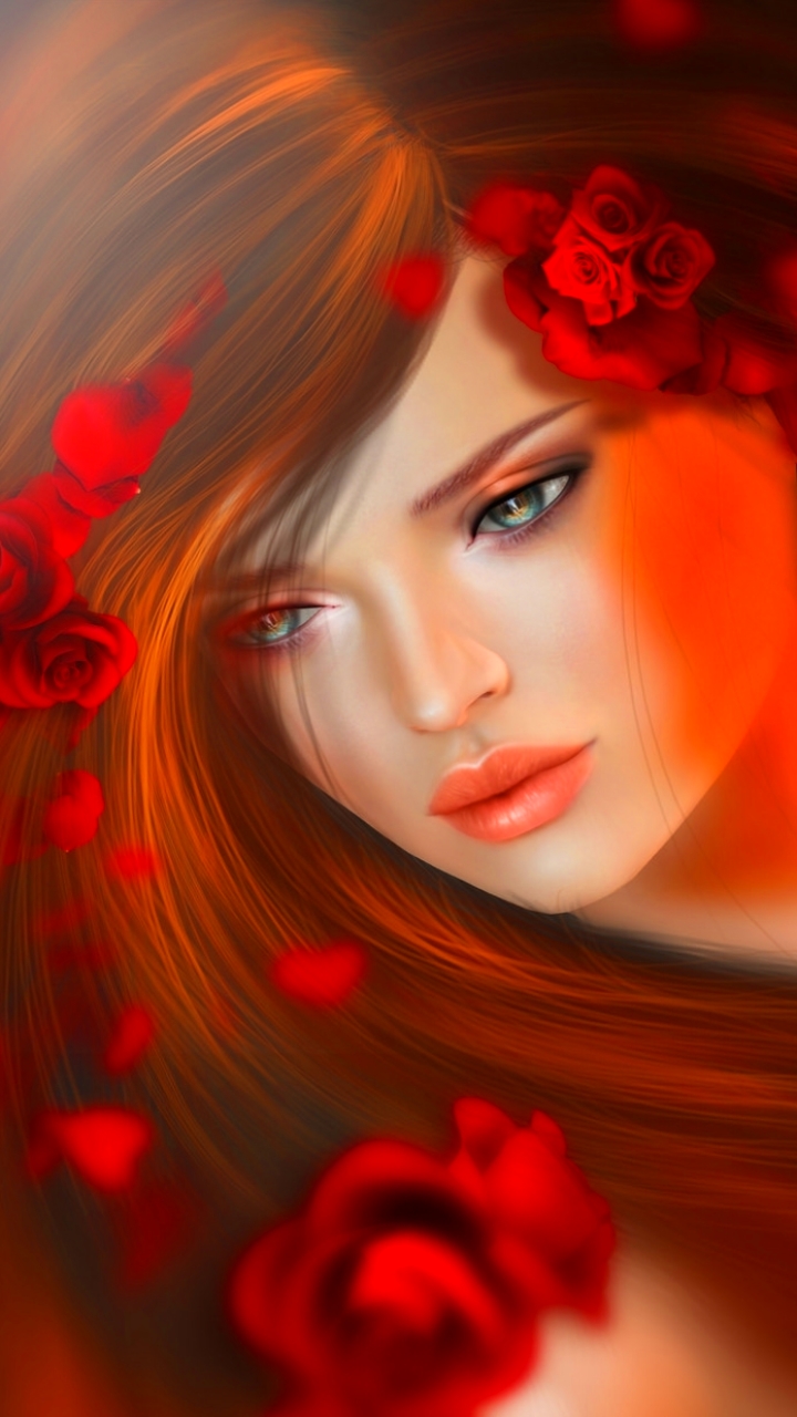 Download mobile wallpaper Fantasy, Rose, Women, Blue Eyes, Red Flower, Brown Hair for free.