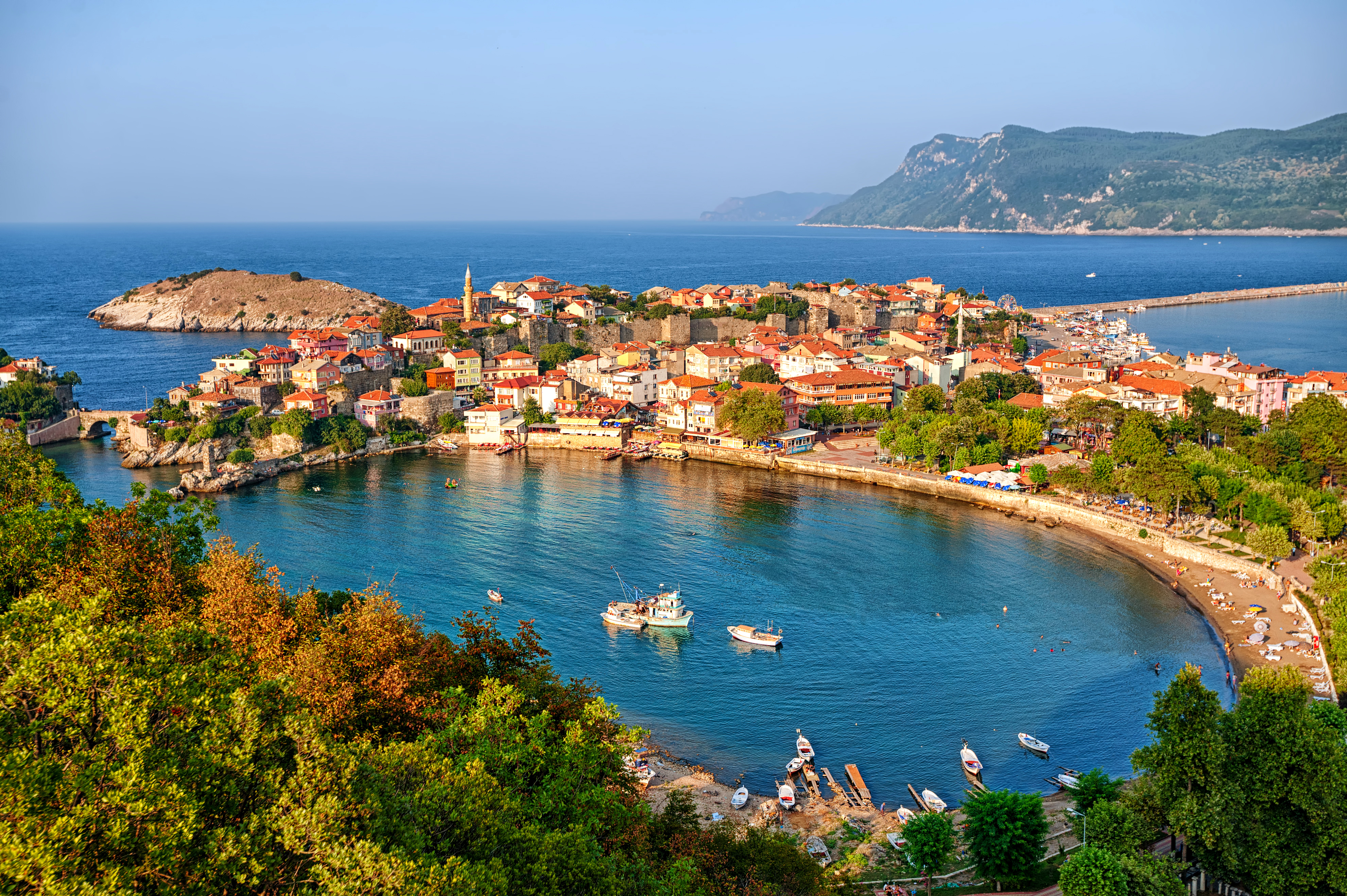 Download mobile wallpaper Coast, Tree, House, Boat, Town, Turkey, Man Made, Towns for free.