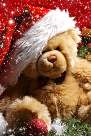 Handy-Wallpaper Feiertage, Weihnachten, Teddybär, Weihnachtsschmuck, Weihnachtsmütze kostenlos herunterladen.