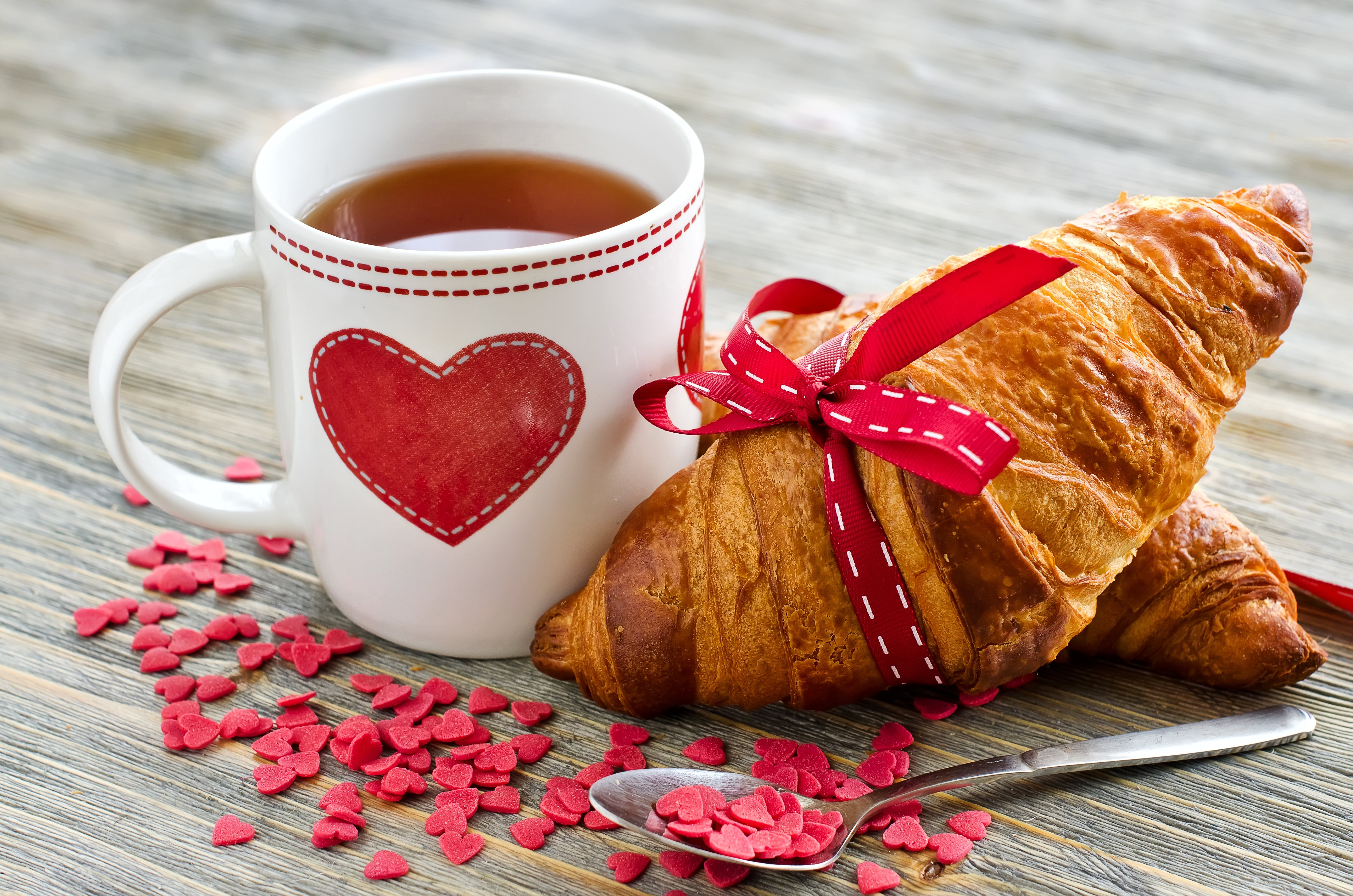 mug, food, breakfast, croissant, heart, tea