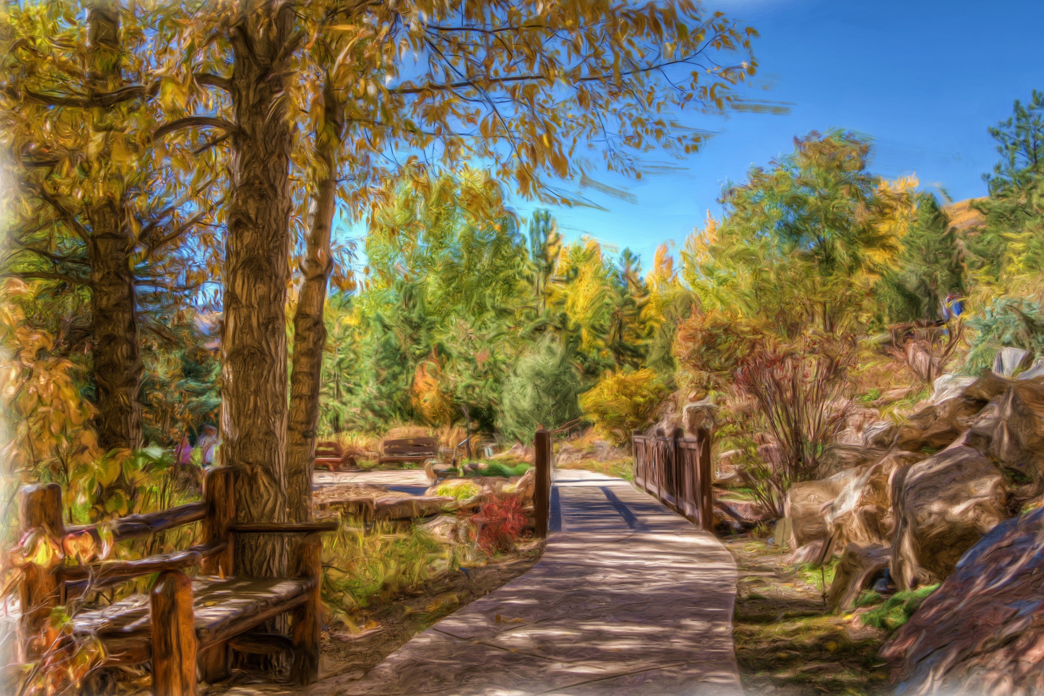 oil painting, artistic, park, bench, colorado, landscape, painting, path, tree