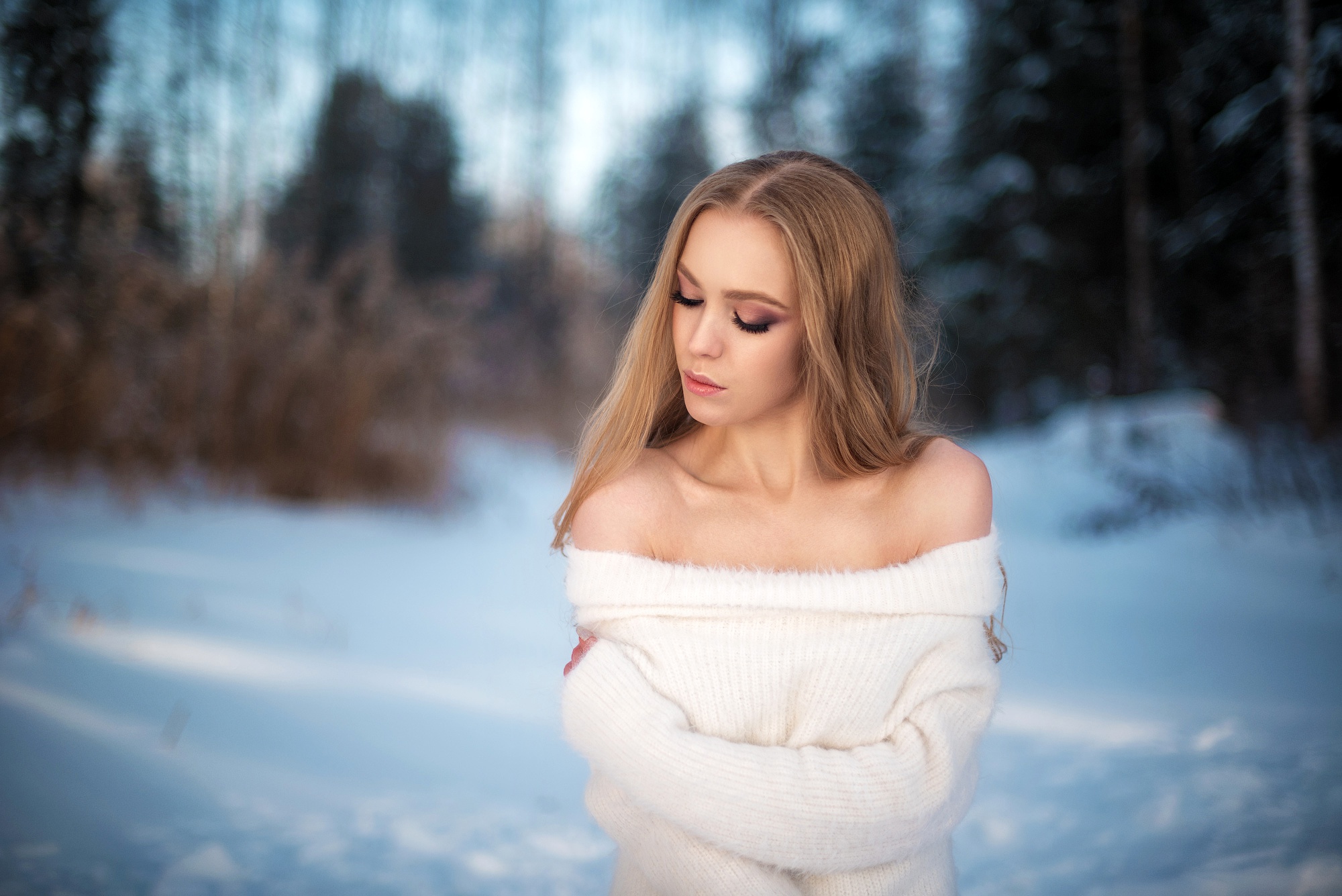 Laden Sie das Winter, Stimmung, Modell, Frauen, Blondinen, Tiefenschärfe-Bild kostenlos auf Ihren PC-Desktop herunter