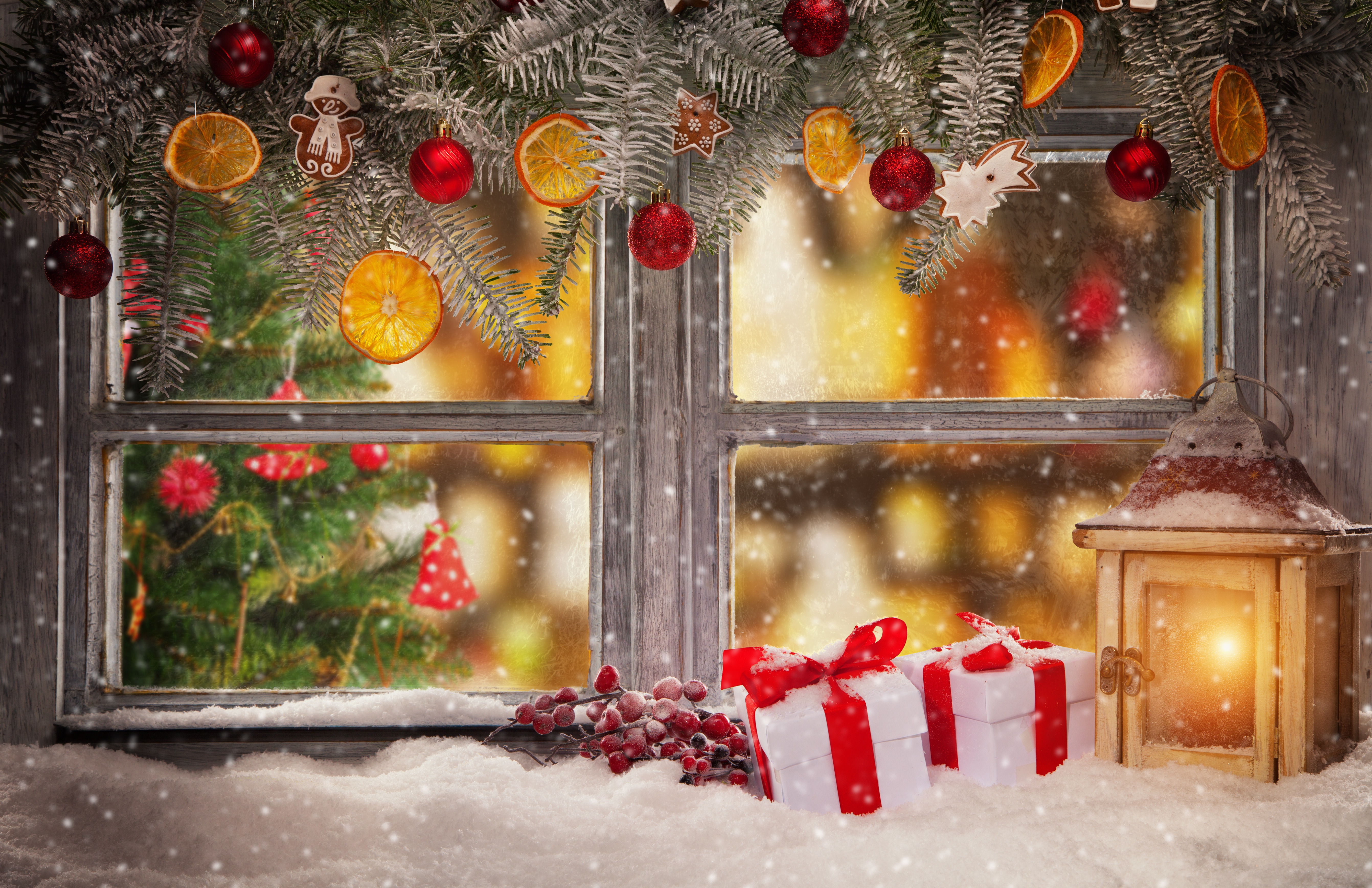 Download mobile wallpaper Snow, Christmas, Holiday, Lantern, Window, Christmas Ornaments for free.