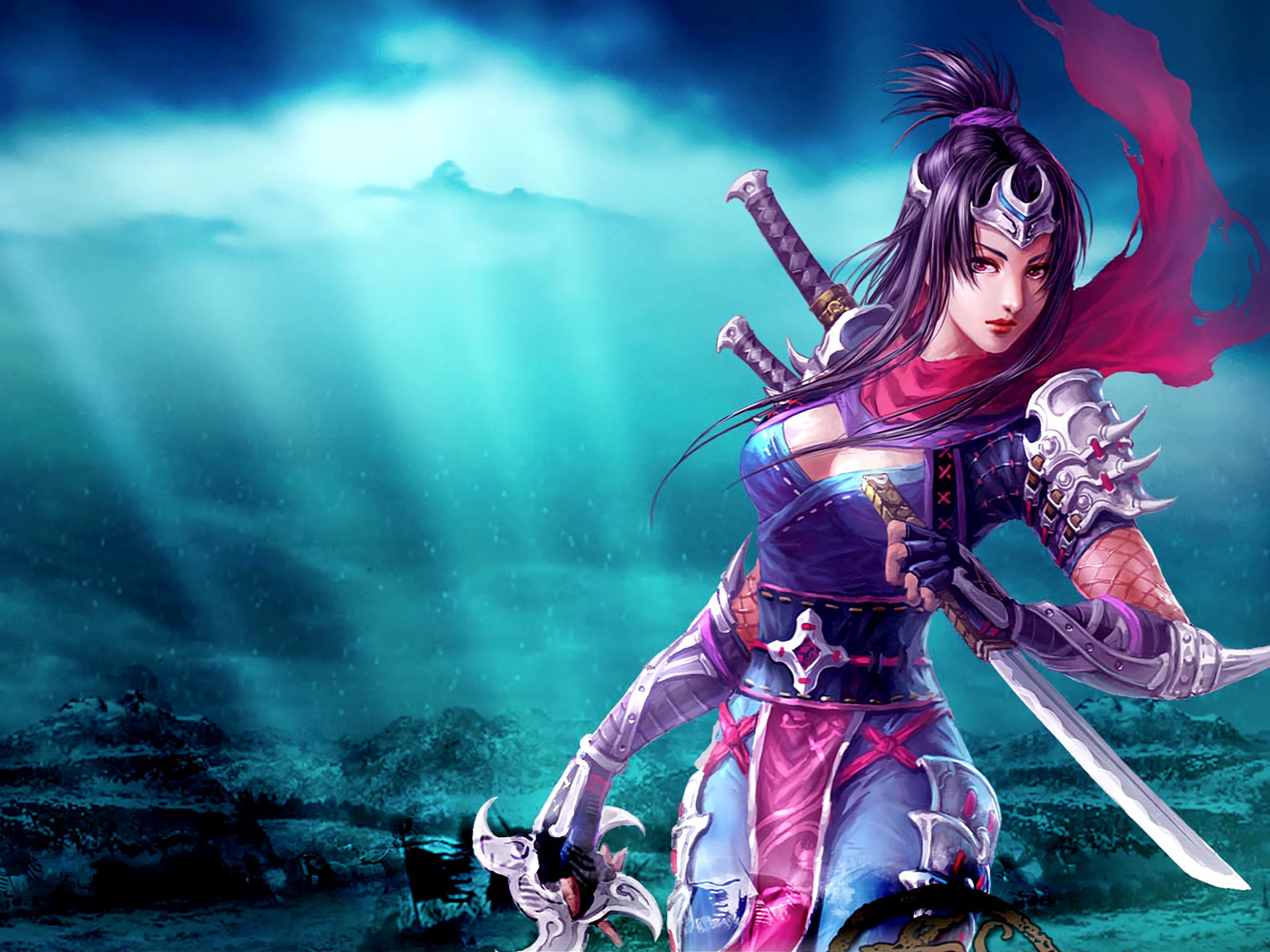 Free download wallpaper Fantasy, Katana, Women Warrior, Woman Warrior, Purple Hair, Pink Eyes on your PC desktop