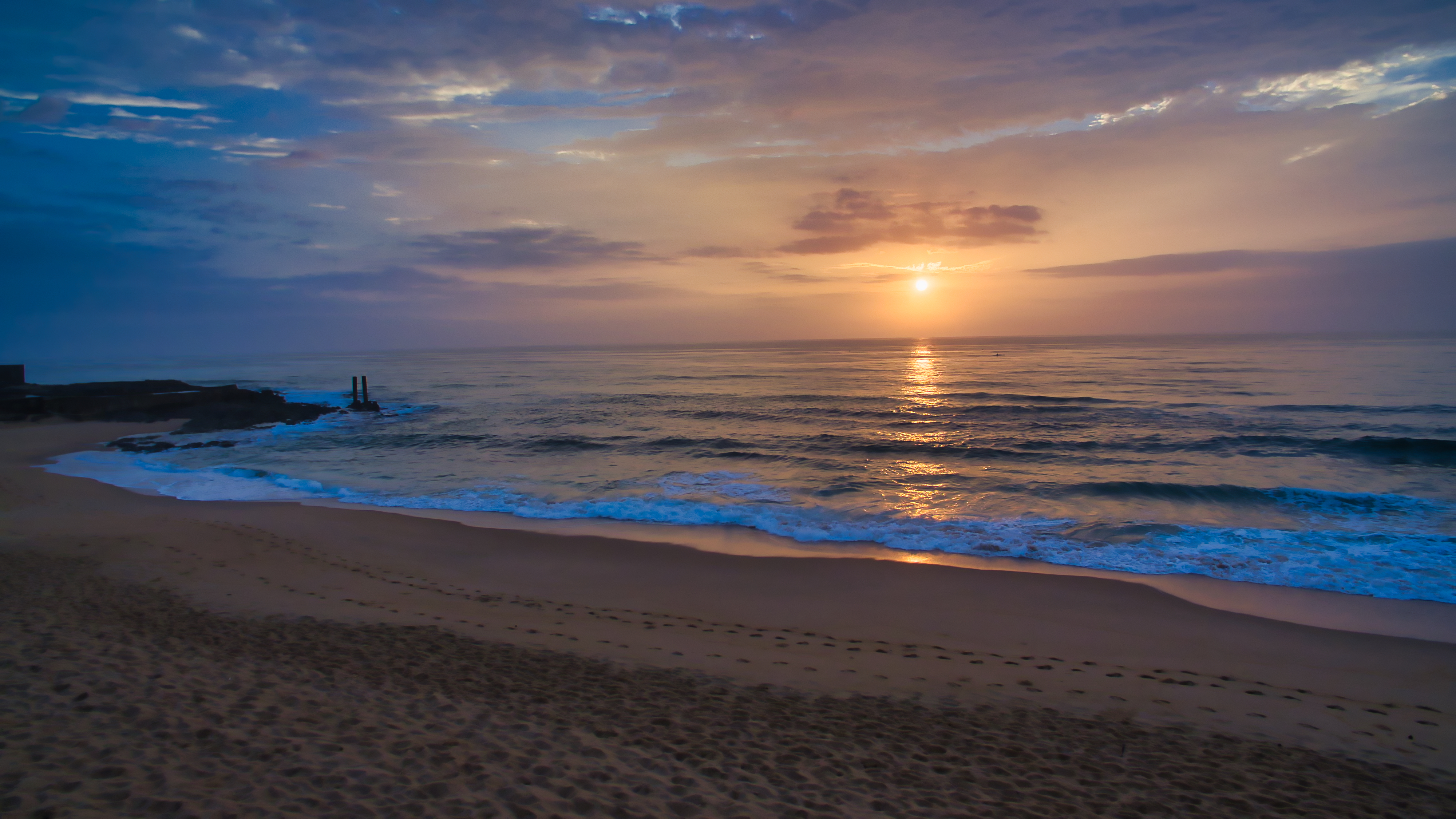beach, sea, nature, sunset, twilight, waves, dusk, evening Desktop home screen Wallpaper