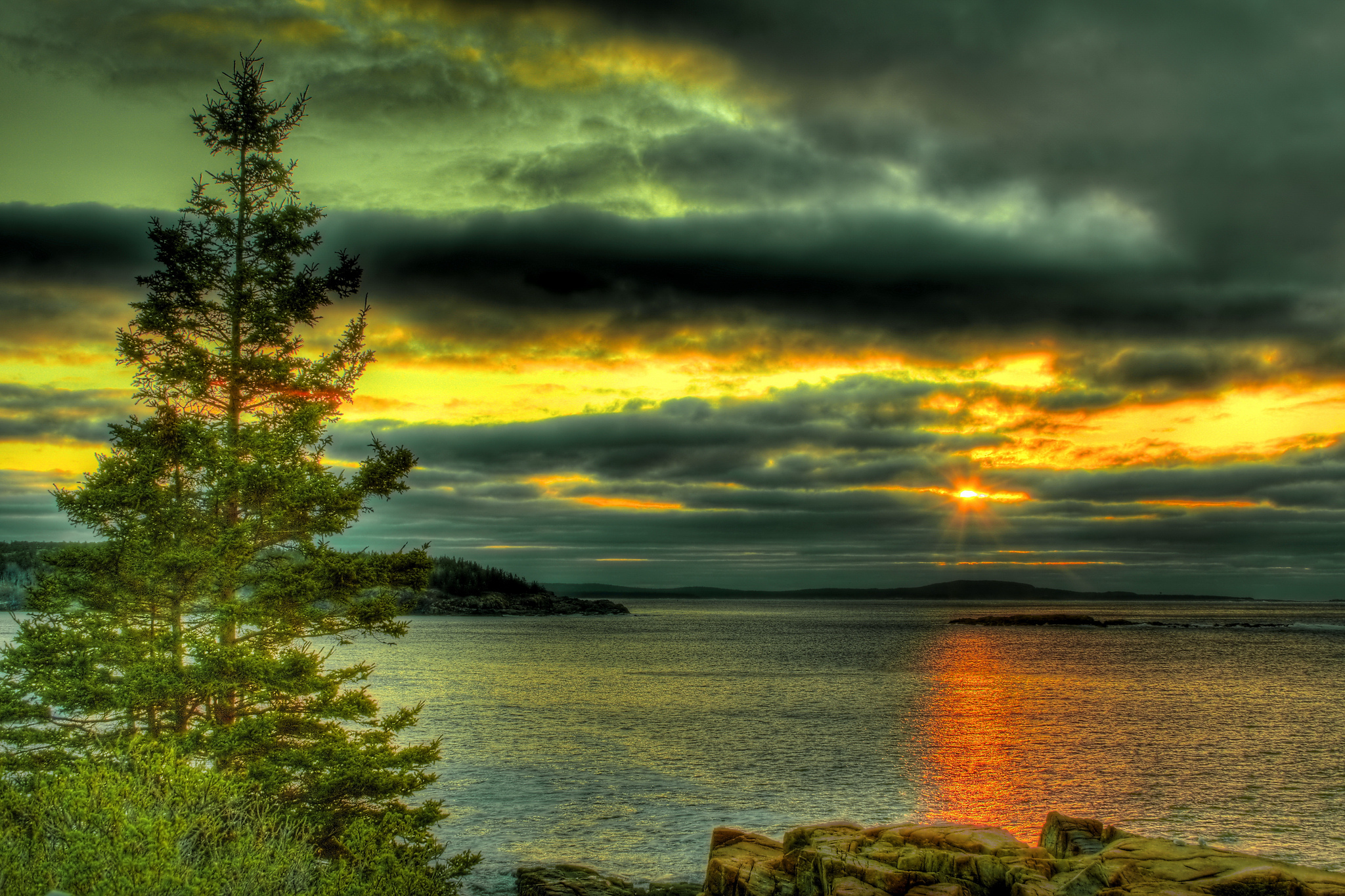 Download mobile wallpaper Nature, Sunset, Sky, Lake, Tree, Earth, Stone, Hdr, Cloud for free.