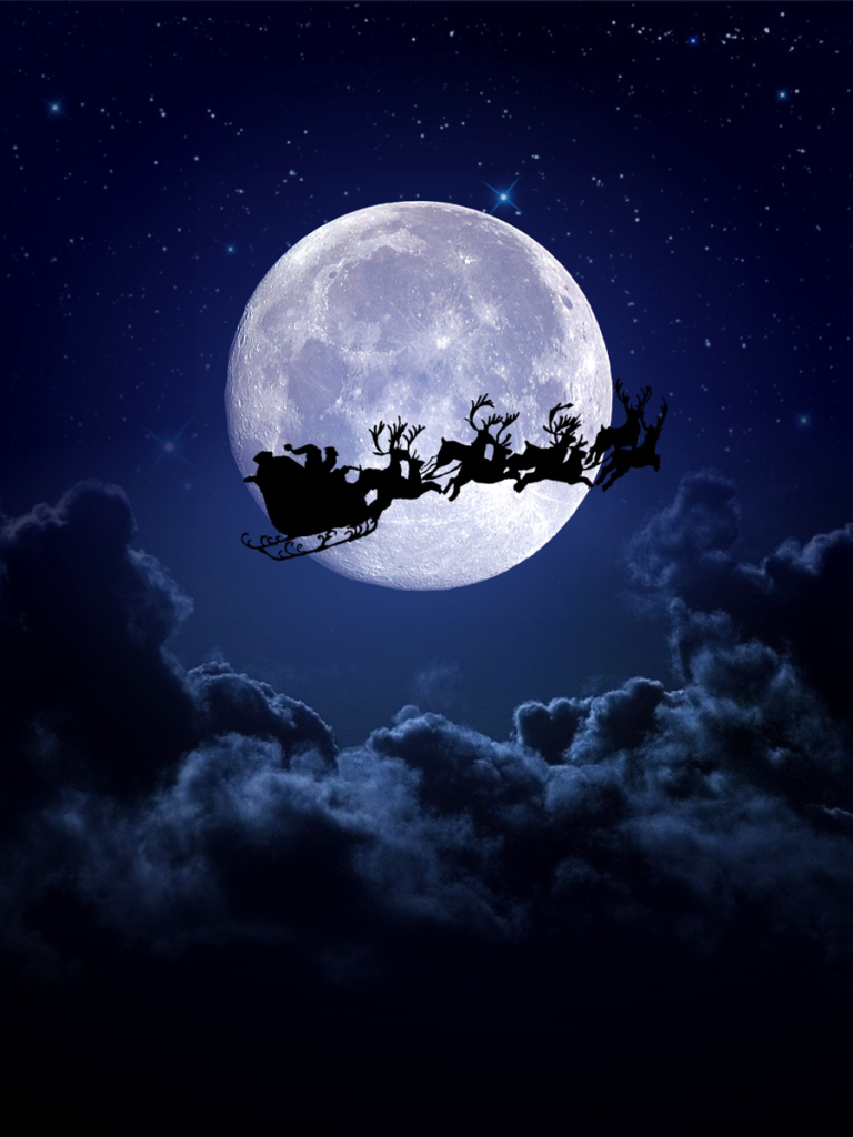 Download mobile wallpaper Night, Moon, Silhouette, Christmas, Holiday, Cloud, Sleigh, Santa, Reindeer for free.