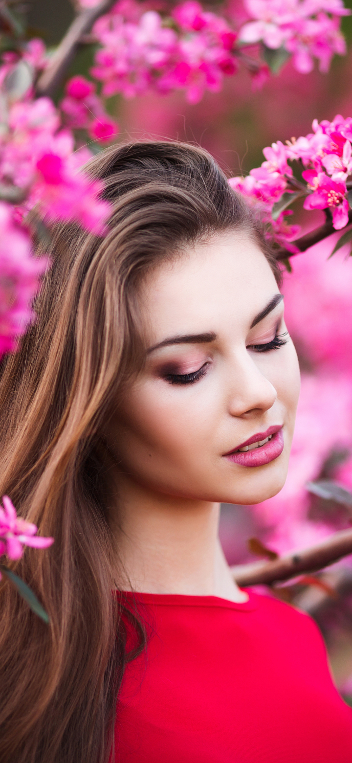 Download mobile wallpaper Spring, Mood, Brunette, Model, Women, Blossom, Pink Flower, Lipstick for free.