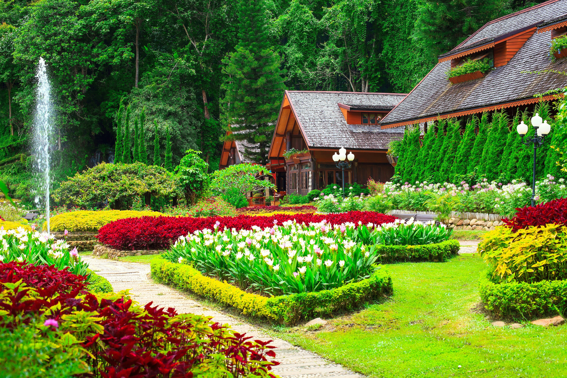 house, man made, garden, colorful, colors, flower, fountain, tree