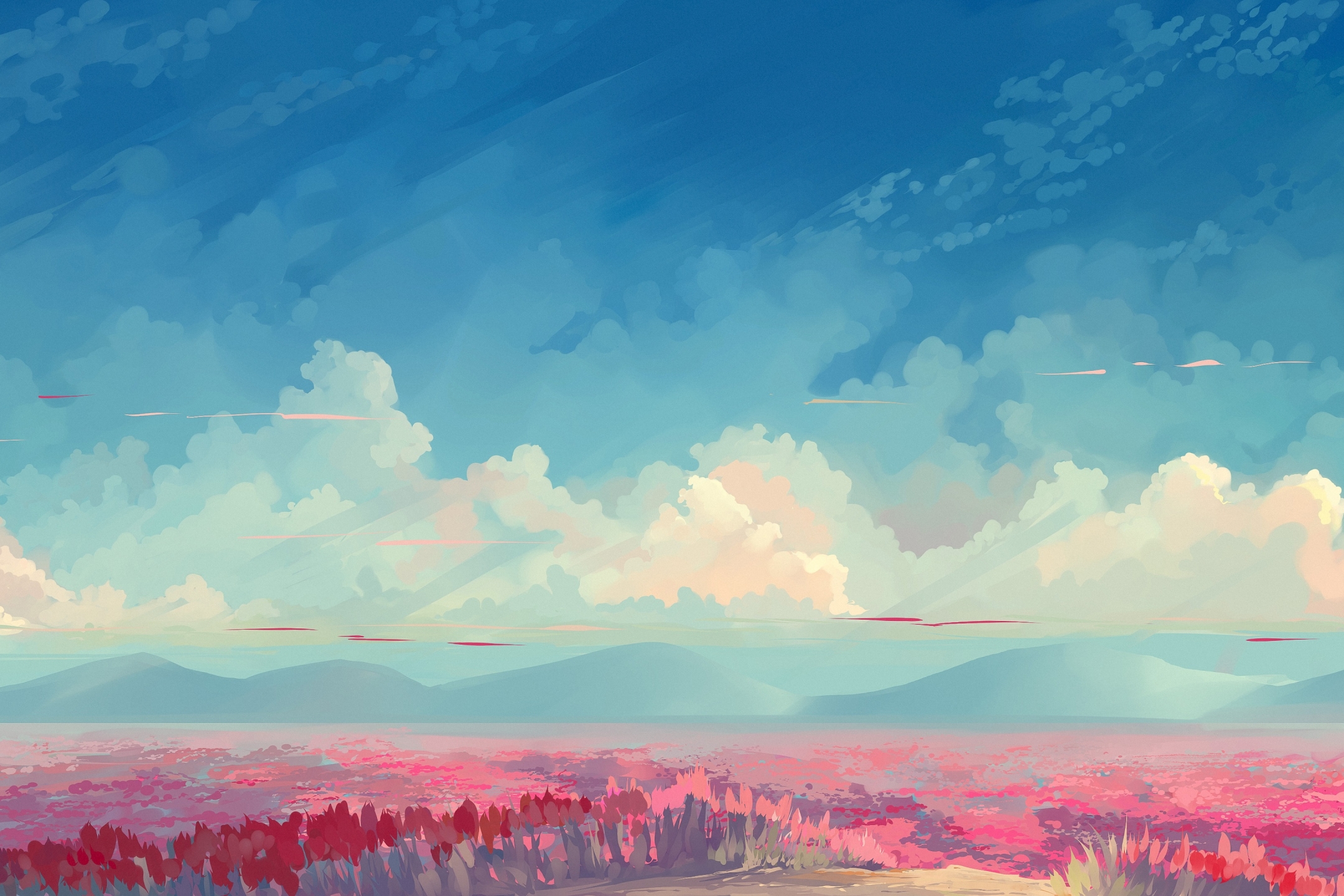 Laden Sie das Landschaft, Blume, Feld, Wolke, Himmel, Animes, Aufstellen-Bild kostenlos auf Ihren PC-Desktop herunter
