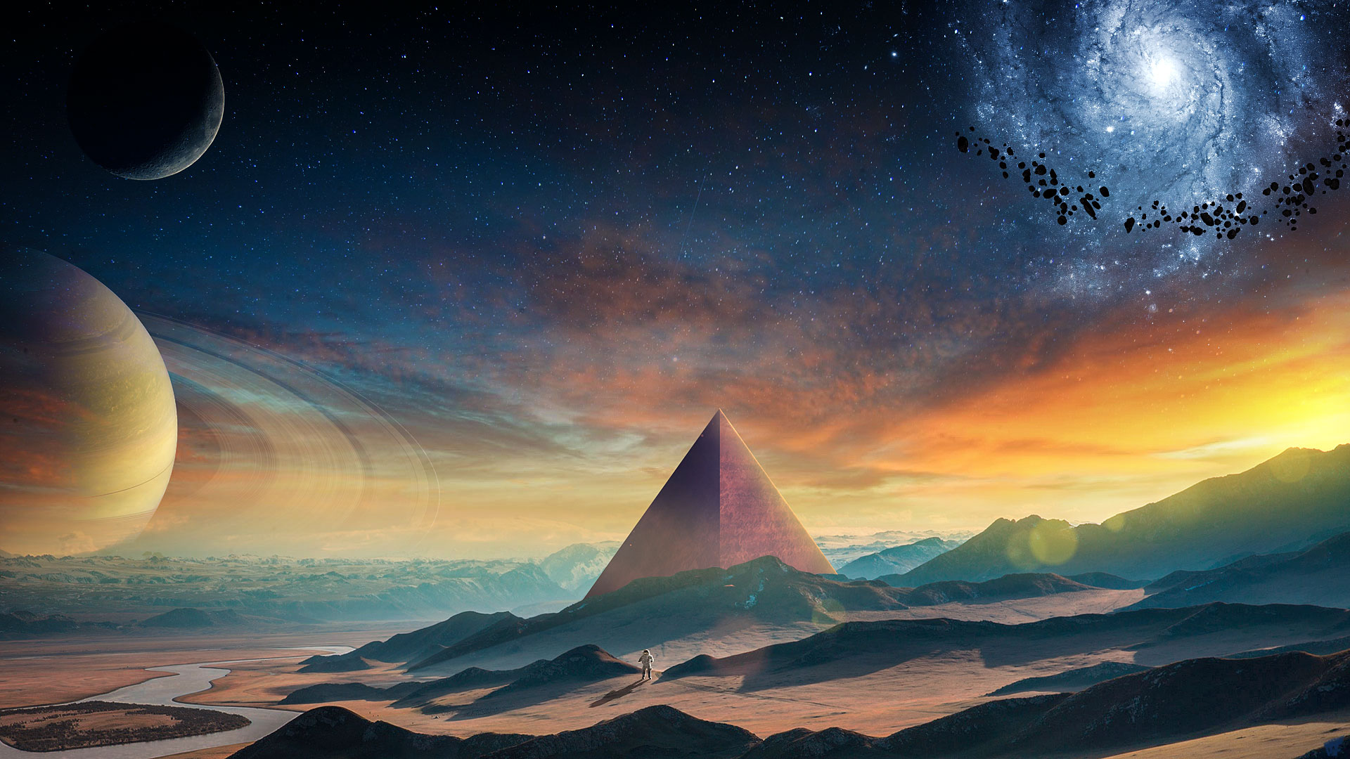Free download wallpaper Landscape, Galaxy, Planet, Sci Fi, Astronaut on your PC desktop