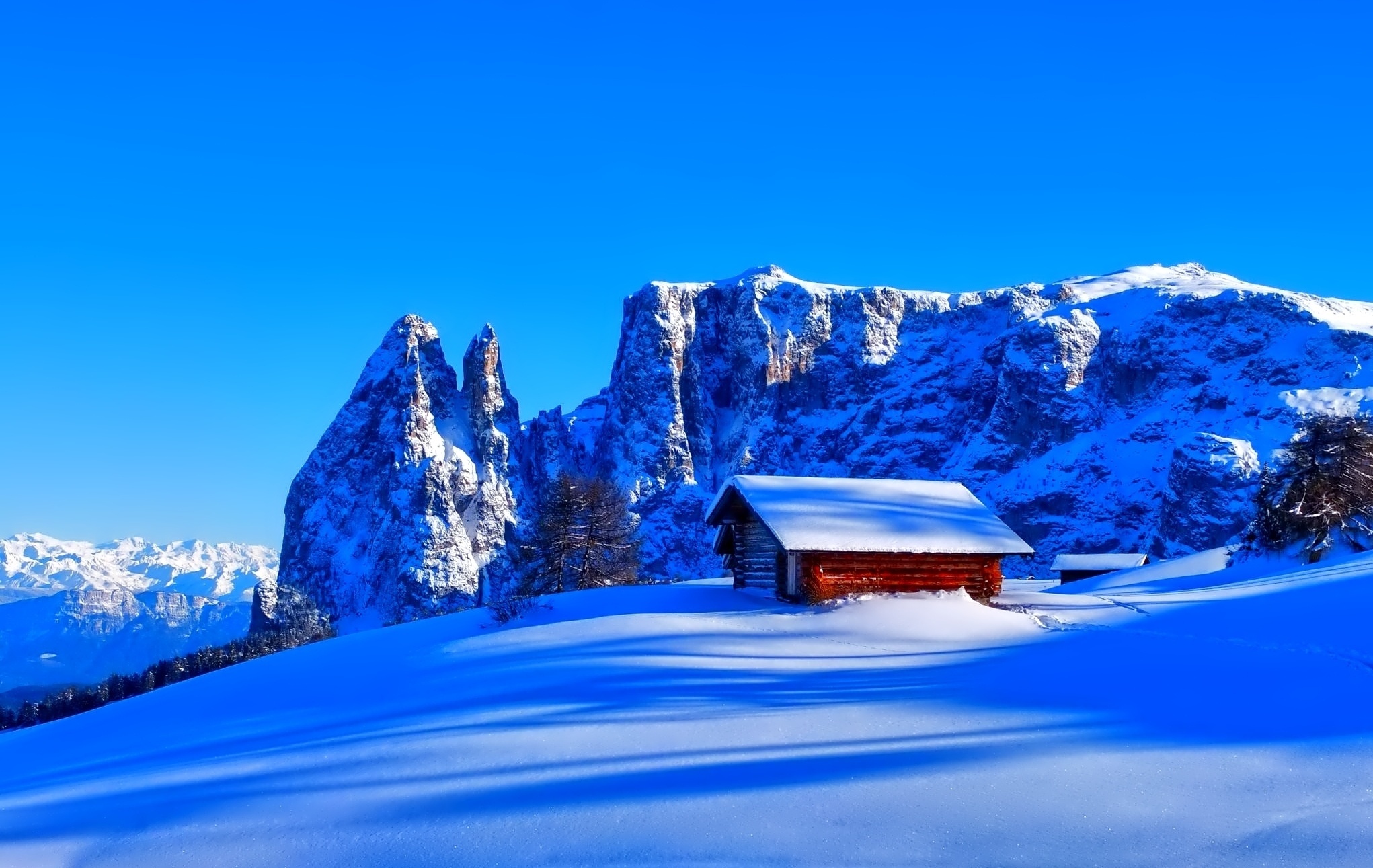 nature, hut, winter, mountains, snow, vertex, top