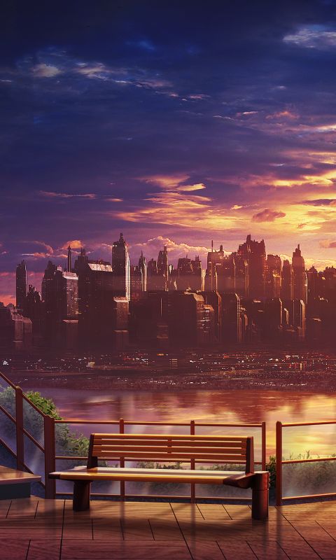 Download mobile wallpaper Anime, Sunset, Sky, City, Evening, Bench for free.
