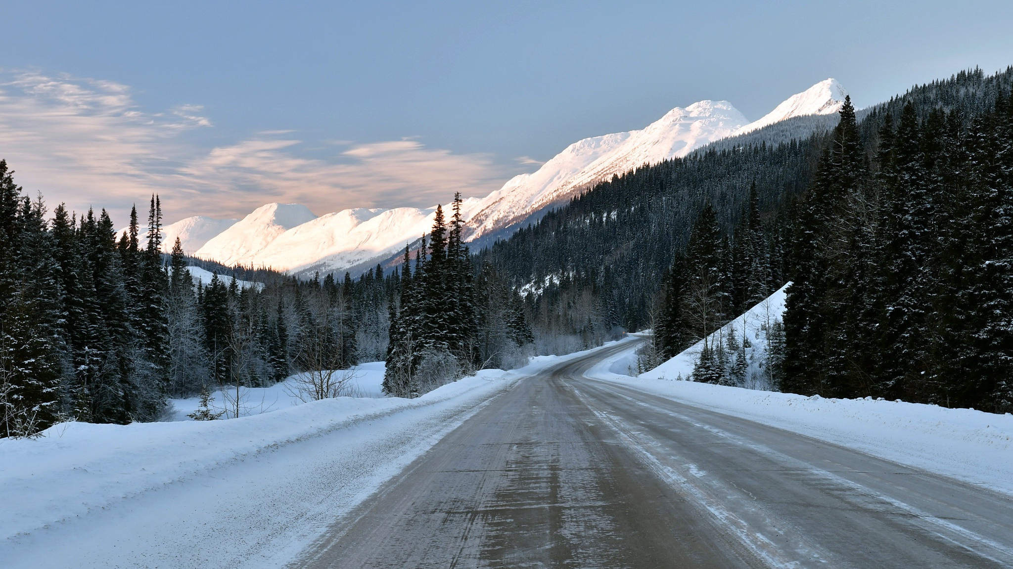 Free download wallpaper Winter, Nature, Snow, Mountain, Road, Forest, Man Made on your PC desktop